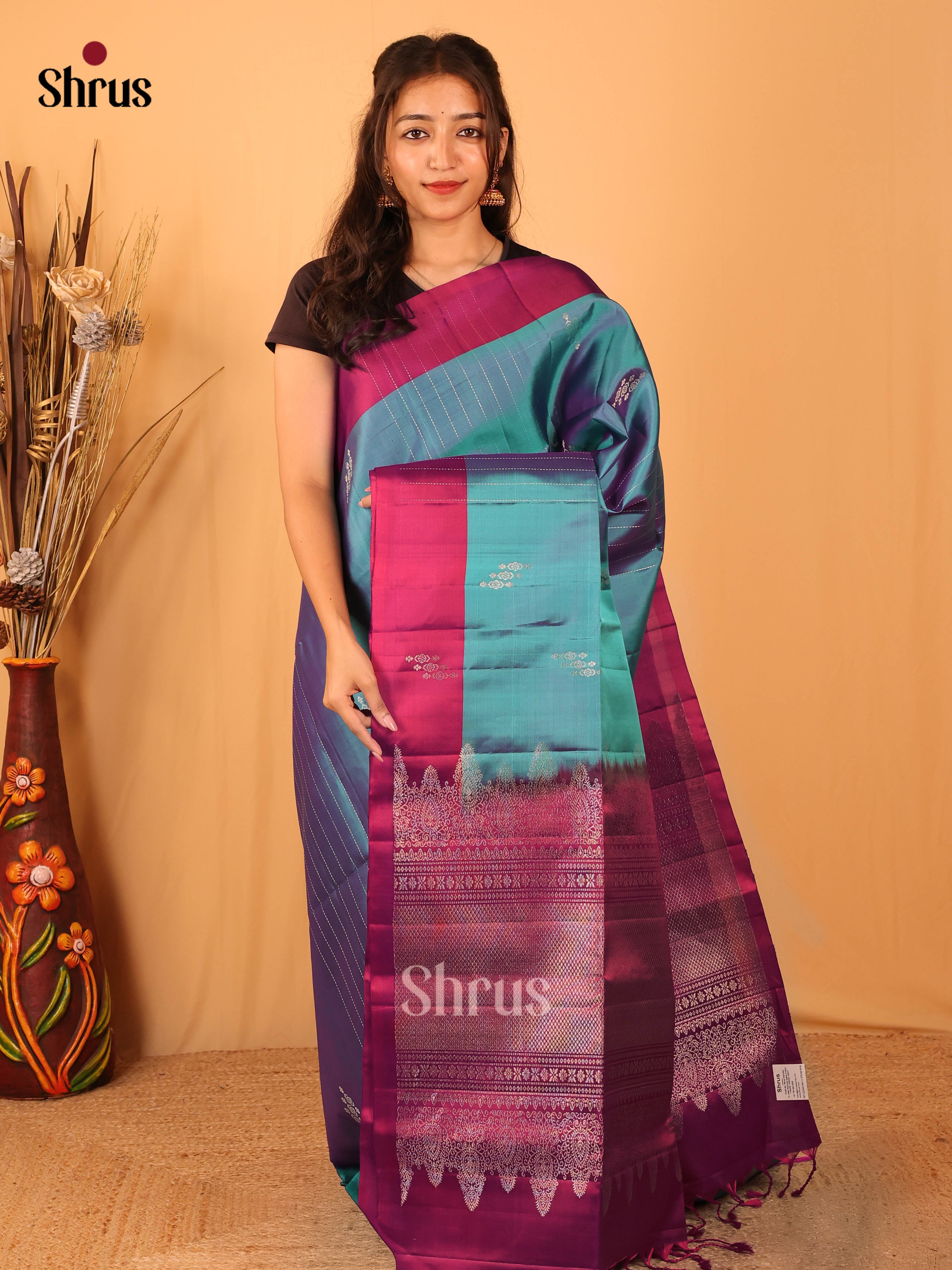 Vibrant Blue Soft Silk Saree with Zari Buttas, Purple Border & Zari Brocade Pallu-1