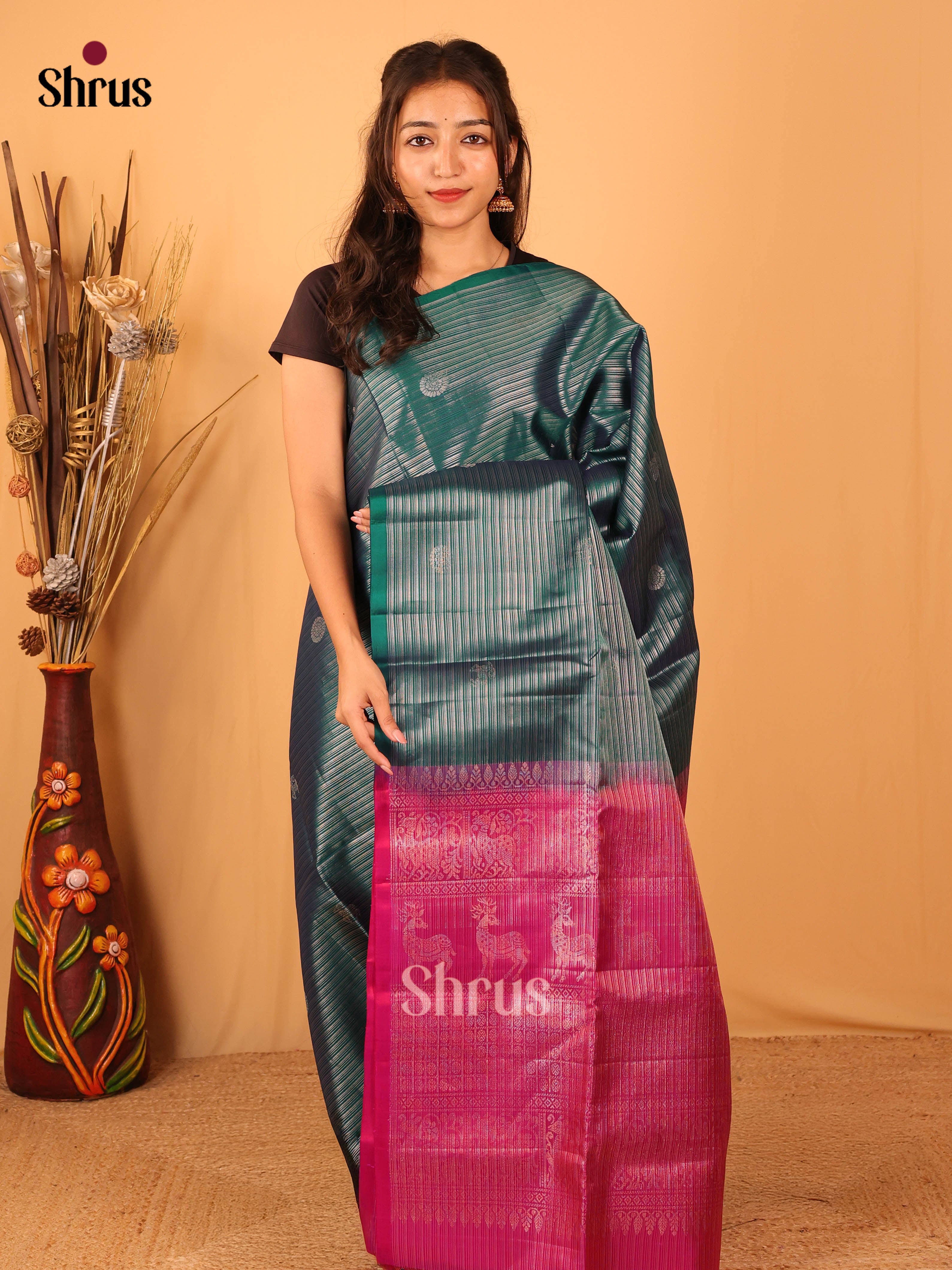 Classy Green Soft Silk Saree with Zari Stripes, Circular Motifs & Pink Brocade Pallu-1