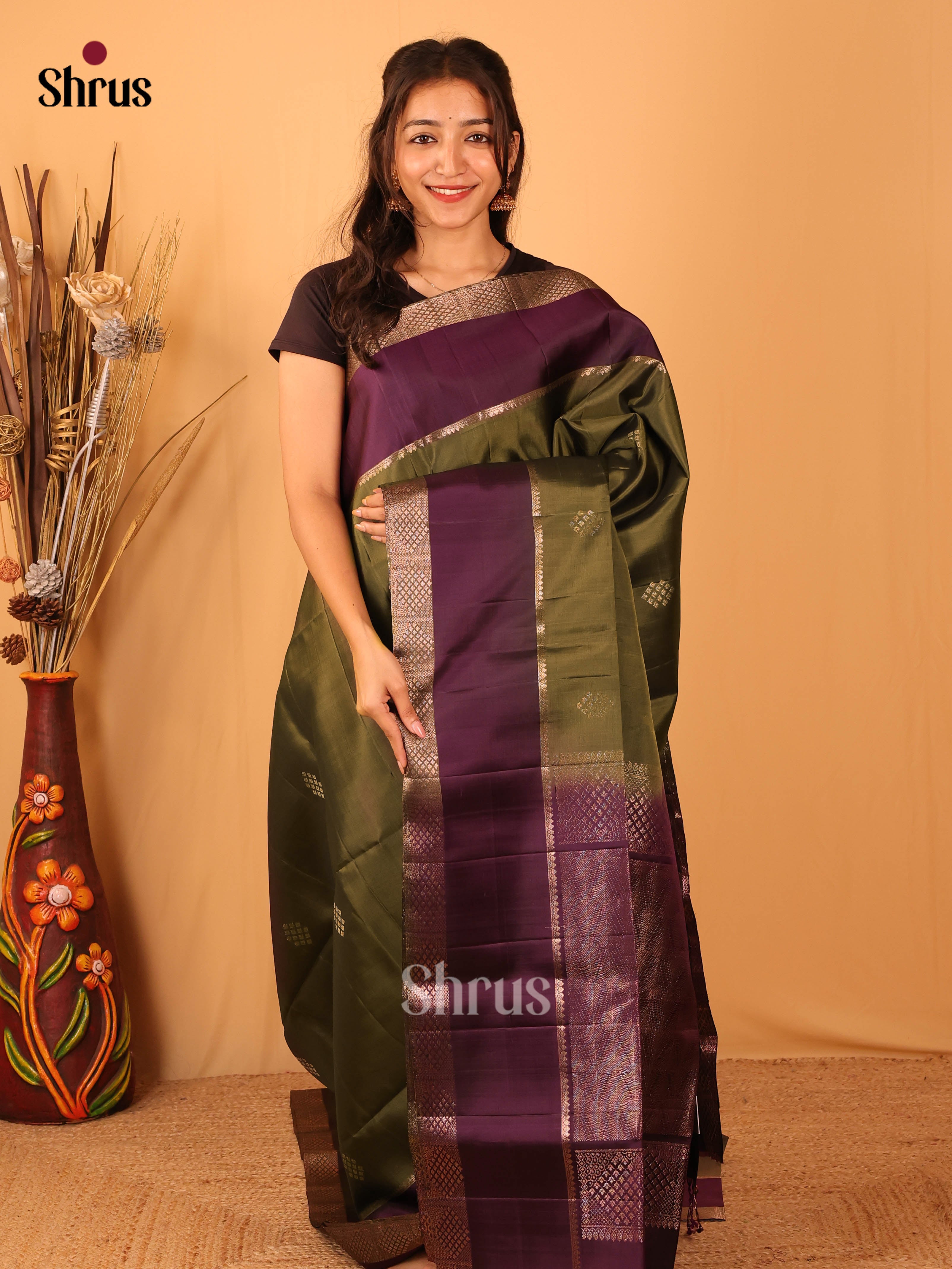 Green & Purple- Soft Silk Saree - Shop on Shrus.com