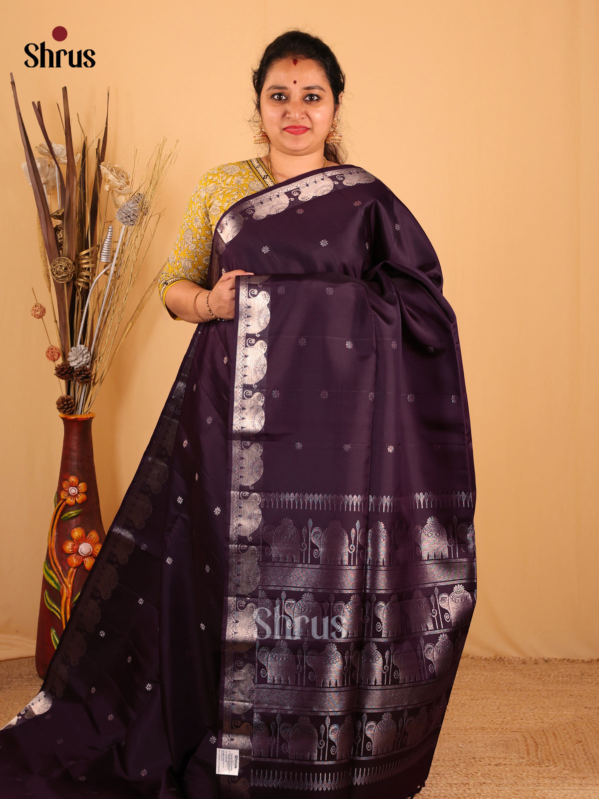Bold Jamun Soft Silk Saree with Floral Zari Buttas, Elephant Border & Brocade Pallu - Shop on Shrus.com