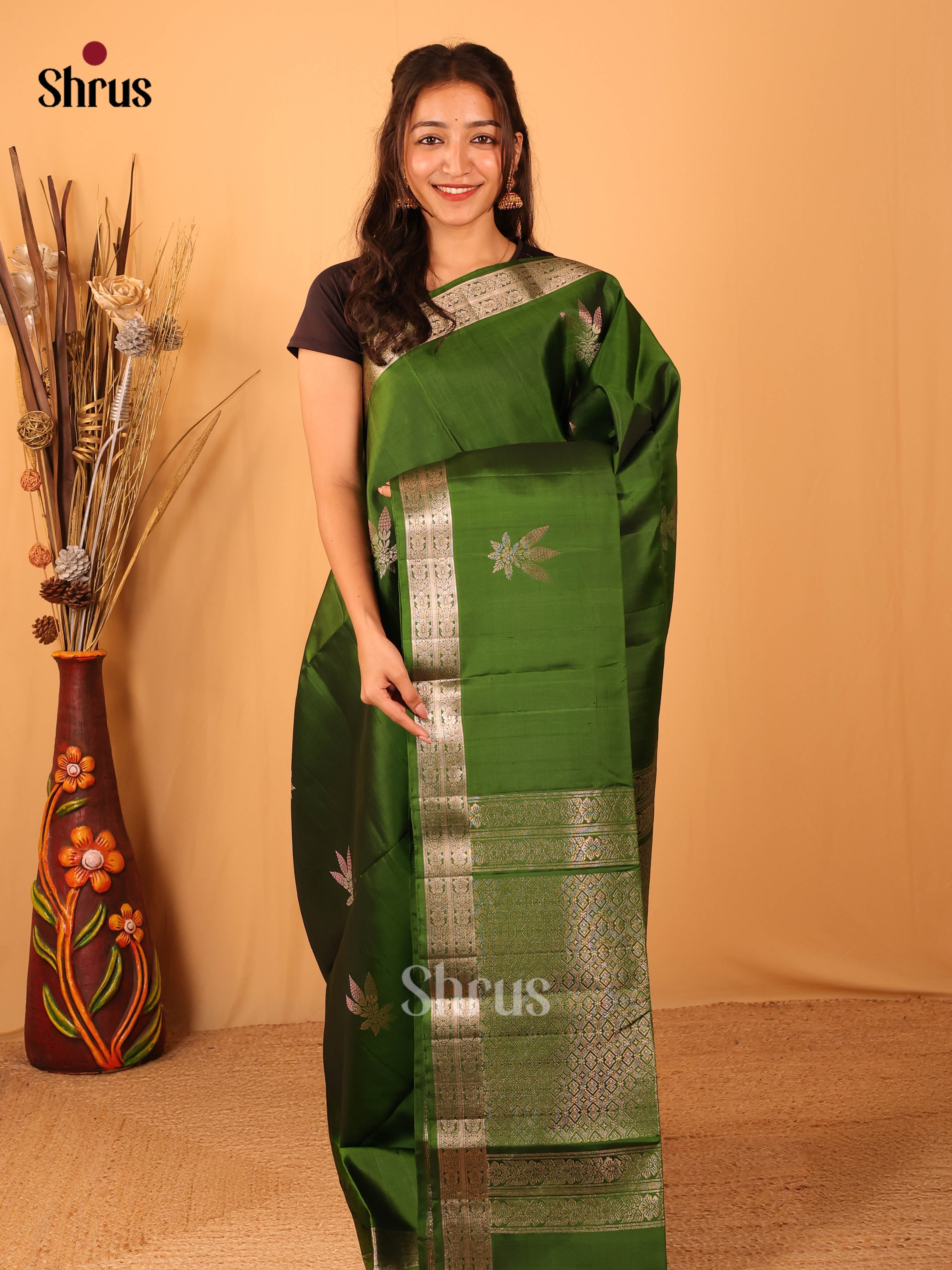Pretty Green Soft Silk Saree with Floral Zari Buttas, Self Zari Border & Brocade Pallu-1
