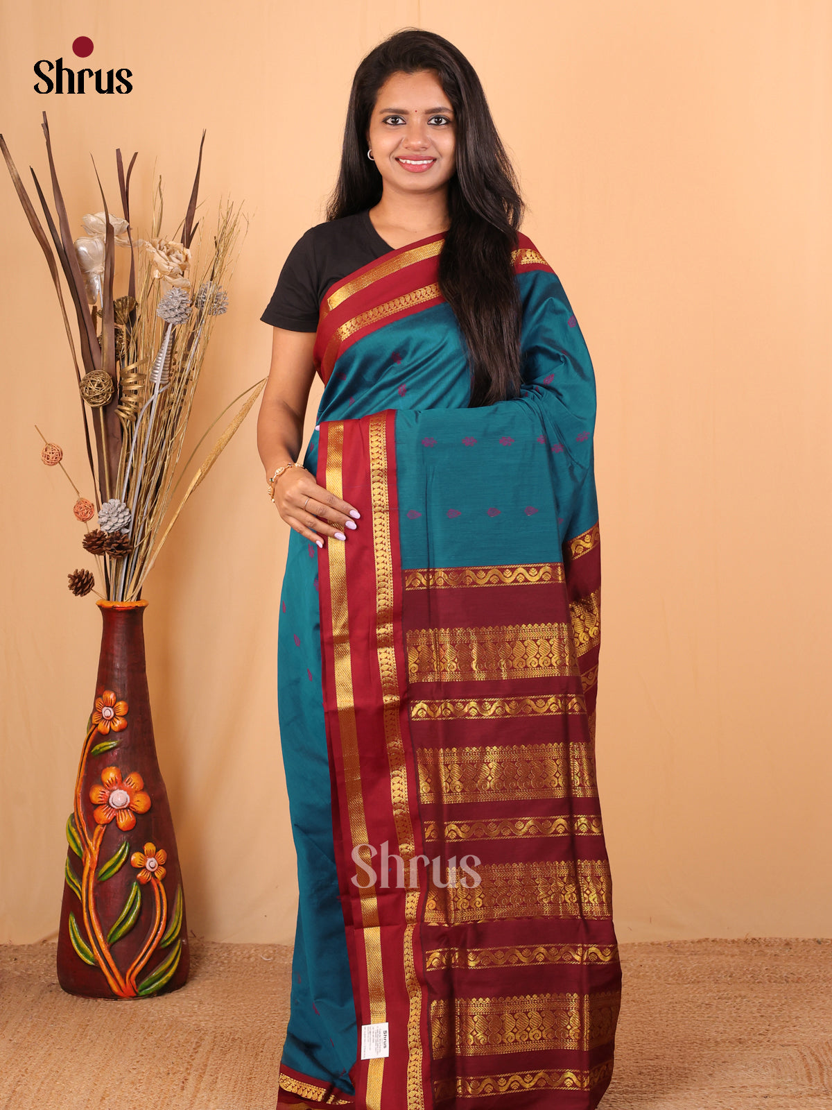 Blue & Maroon - Kalyani Cotton Saree - Shop on Shrus.com