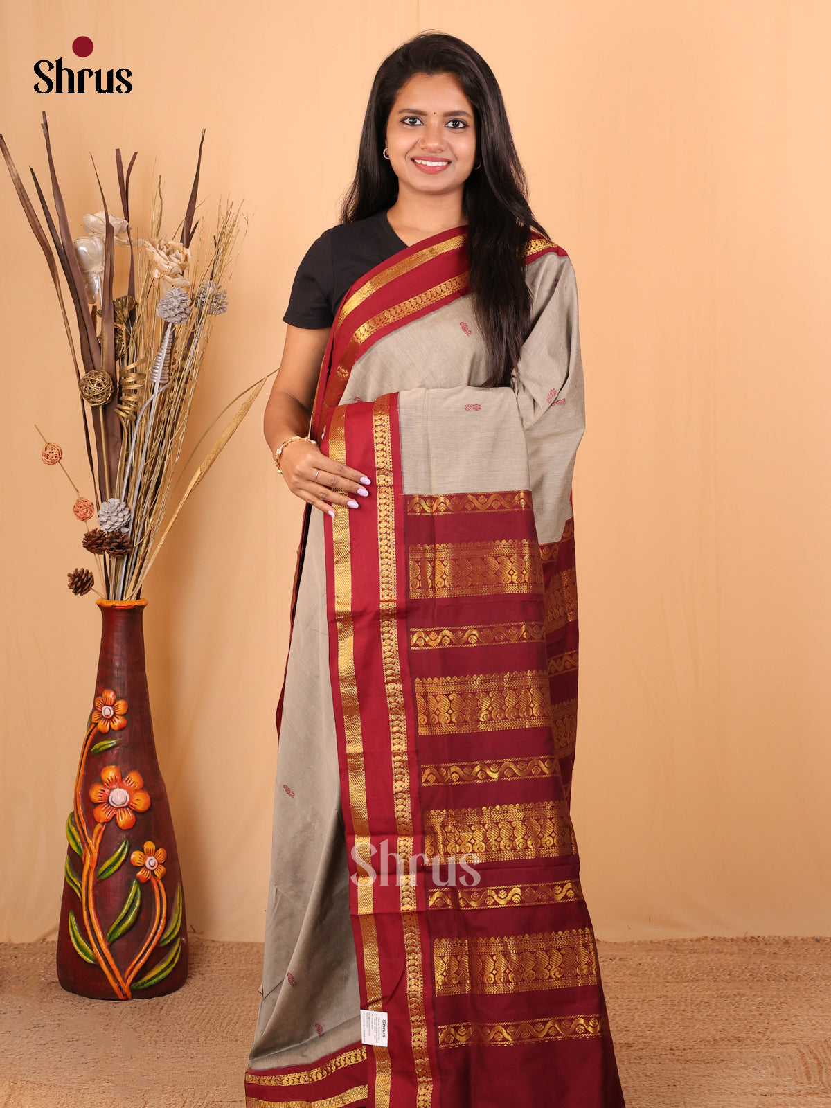 Grey & Maroon - Kalyani Cotton Saree - Shop on Shrus.com