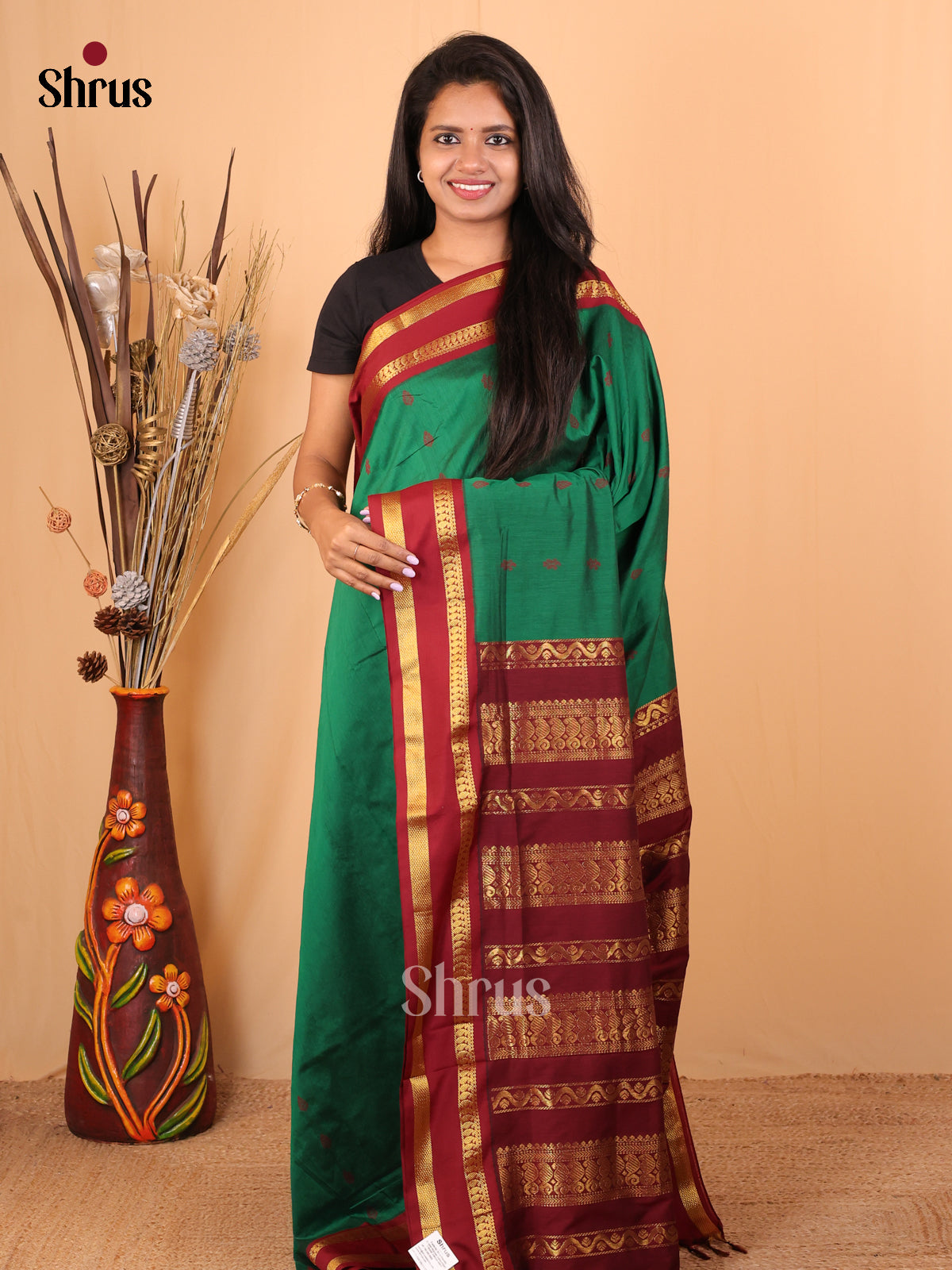 Green & Maroon- Kalyani Cotton Saree - Shop on Shrus.com