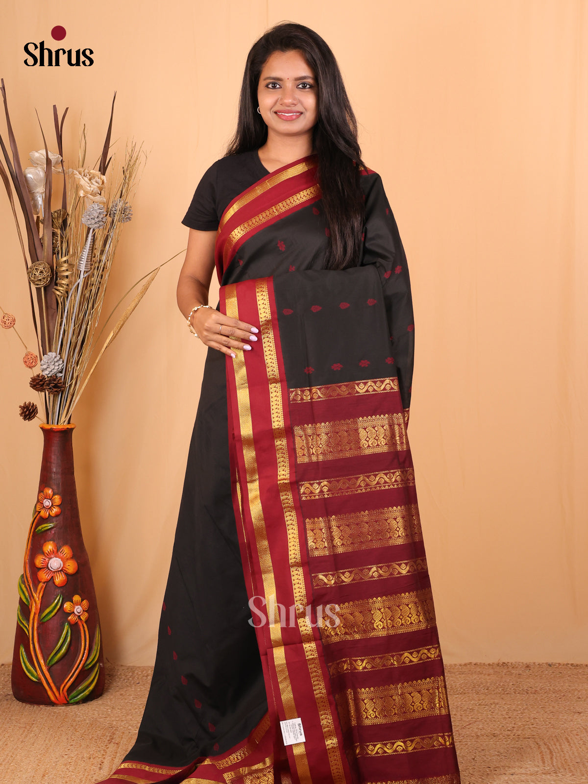 Black & Maroon - Kalyani Cotton Saree - Shop on Shrus.com