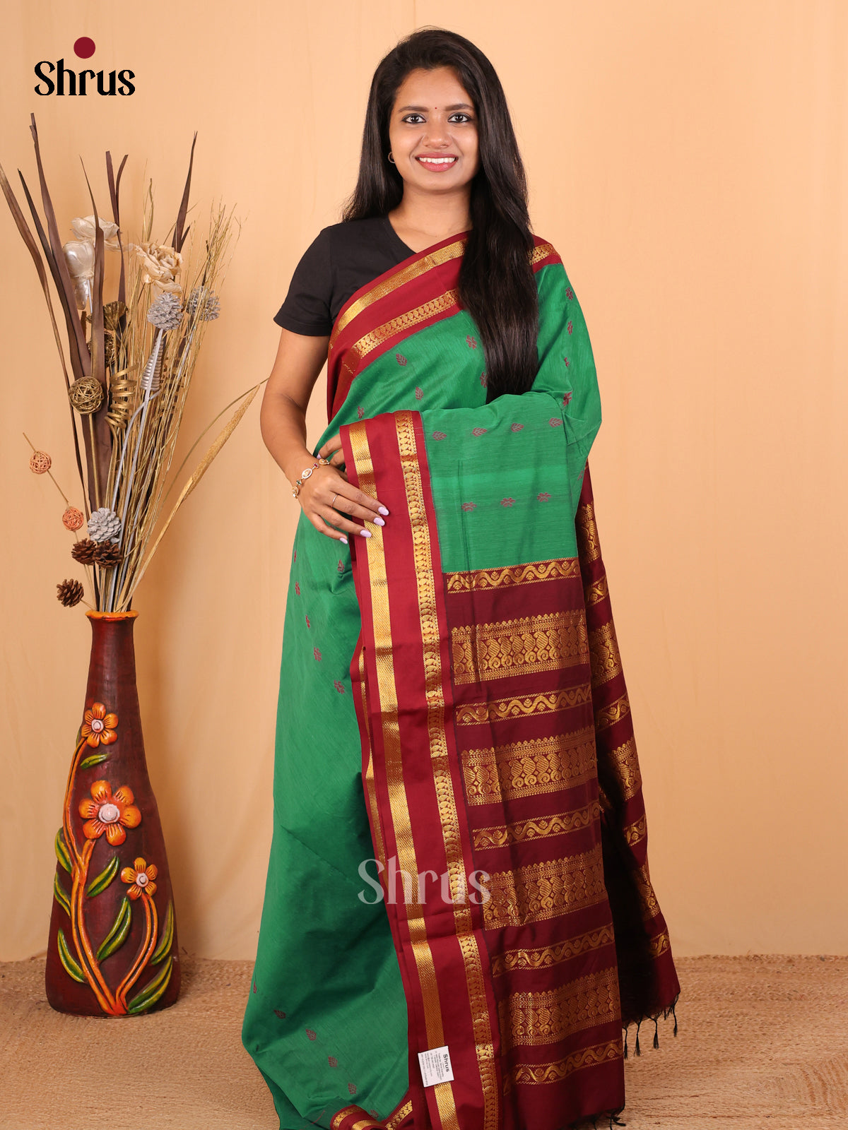 Green & Maroon - Kalyani Cotton Saree - Shop on Shrus.com