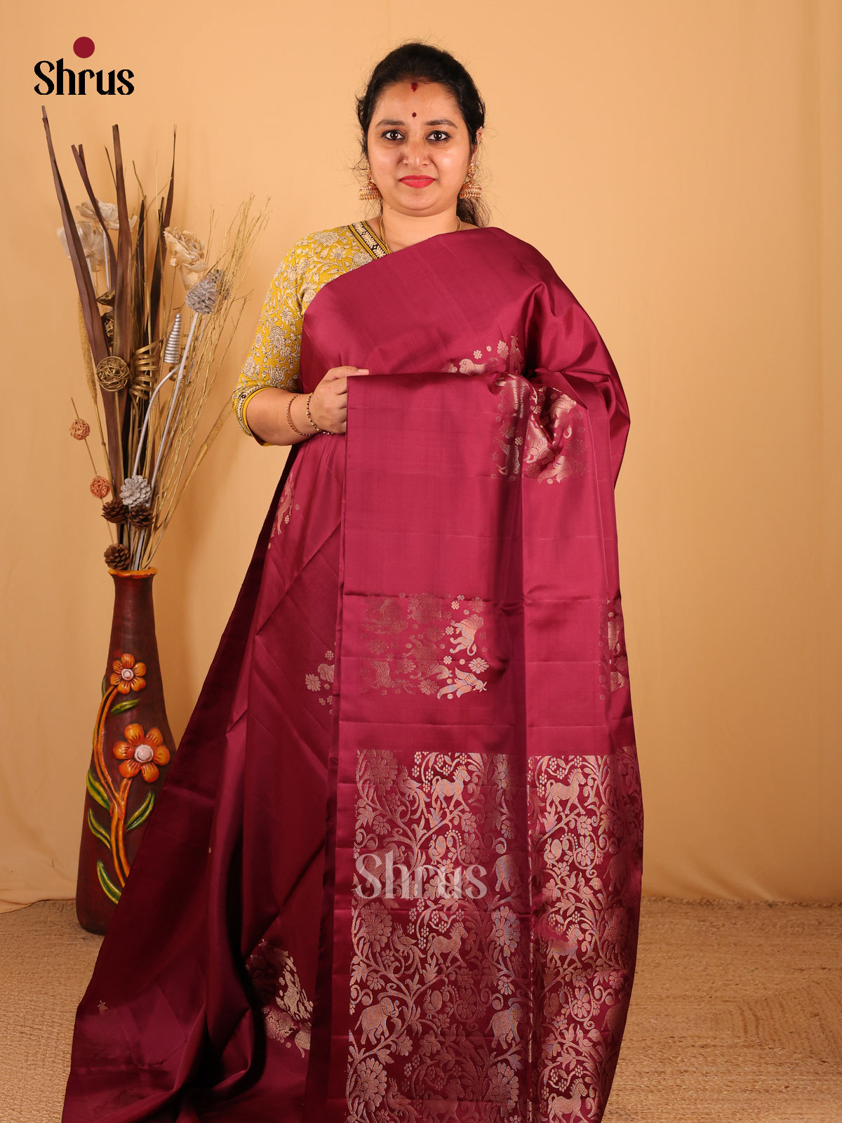 Classy Maroon Soft Silk Saree With Sleek Vanashigaram Motifs & Regal Pallu-1