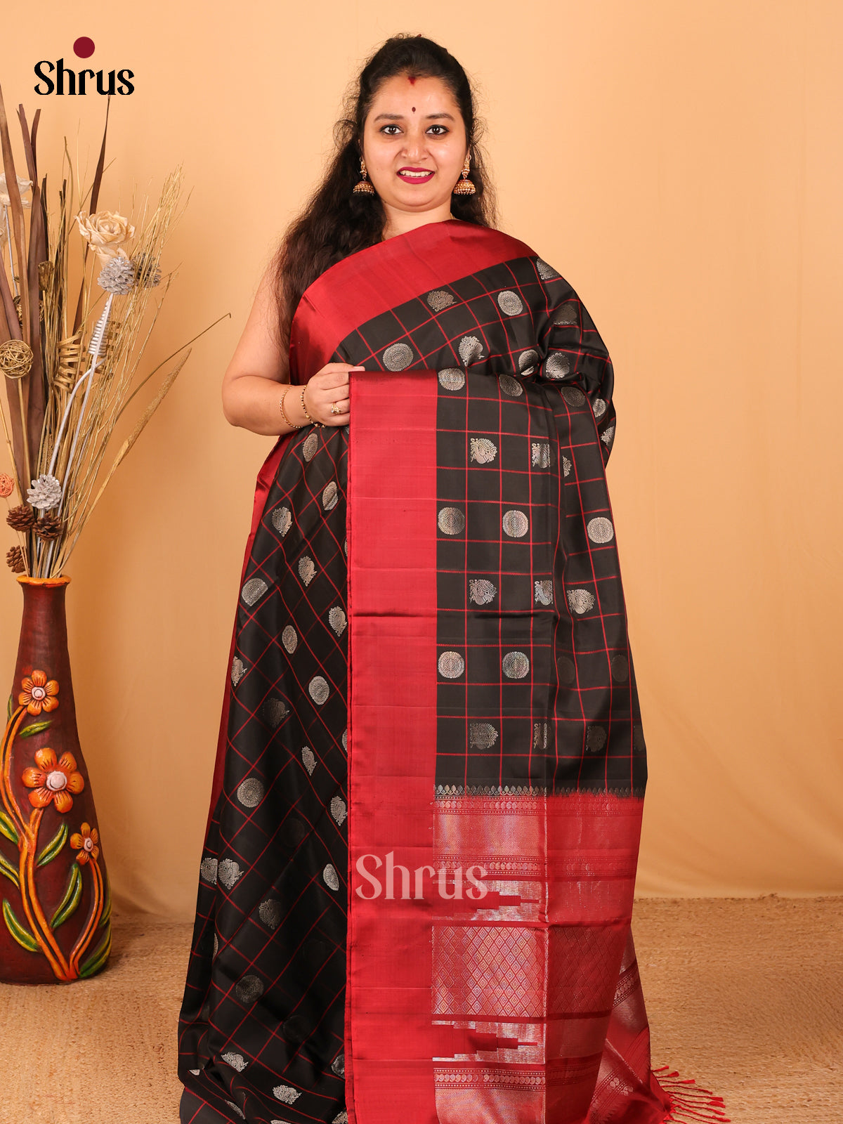 Bewitching Black Soft Silk Saree With Checks, Golden Floral Buttas & Maroon Border - Shop on Shrus.com