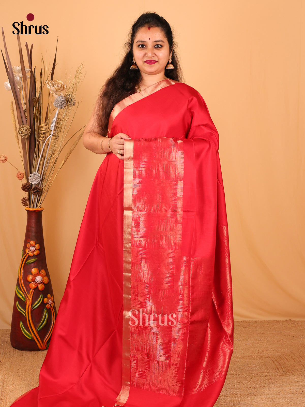 Radiant Rouge Red Soft Silk Saree With Self Zari Border & Brocade Pallu-1