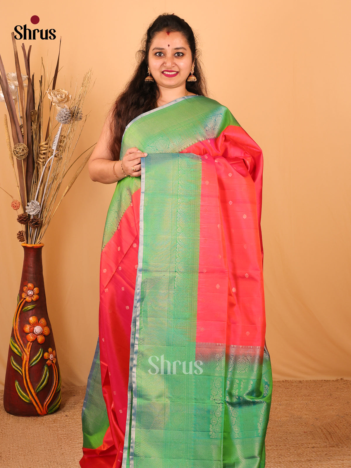 Radiant Ruby Red Bridal Soft Silk Saree With Zari Buttas, Emerald Border & Pallu-1