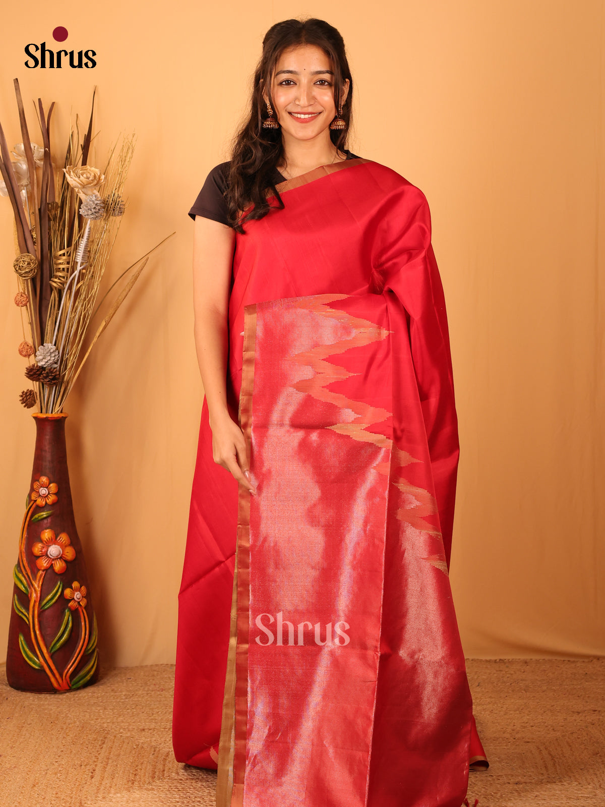 Red & Cream - Soft Silk Saree-1