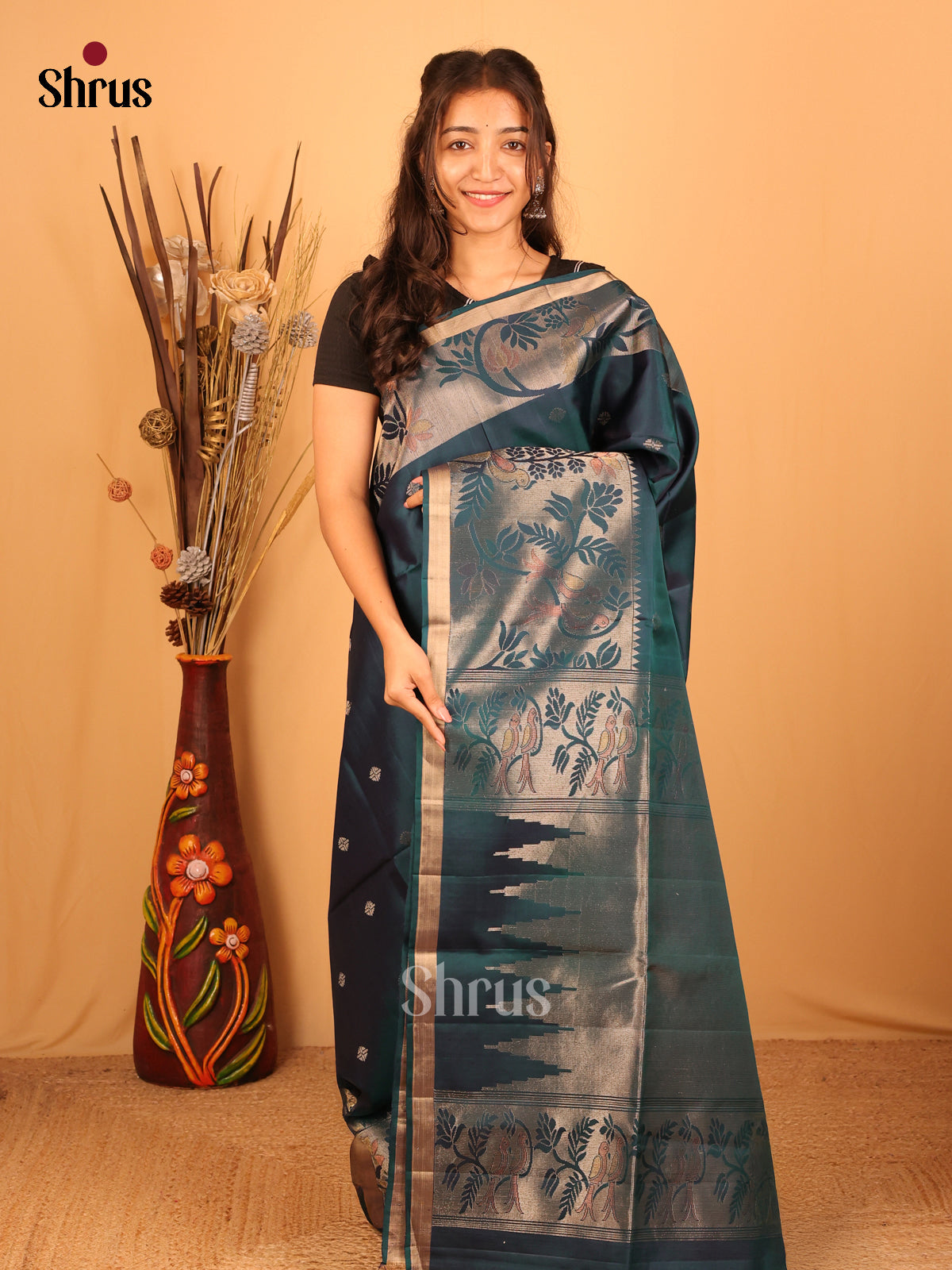 Peacock Green Soft Silk Saree With Beautiful Gold Buttas & Floral Vine Zari Border-1