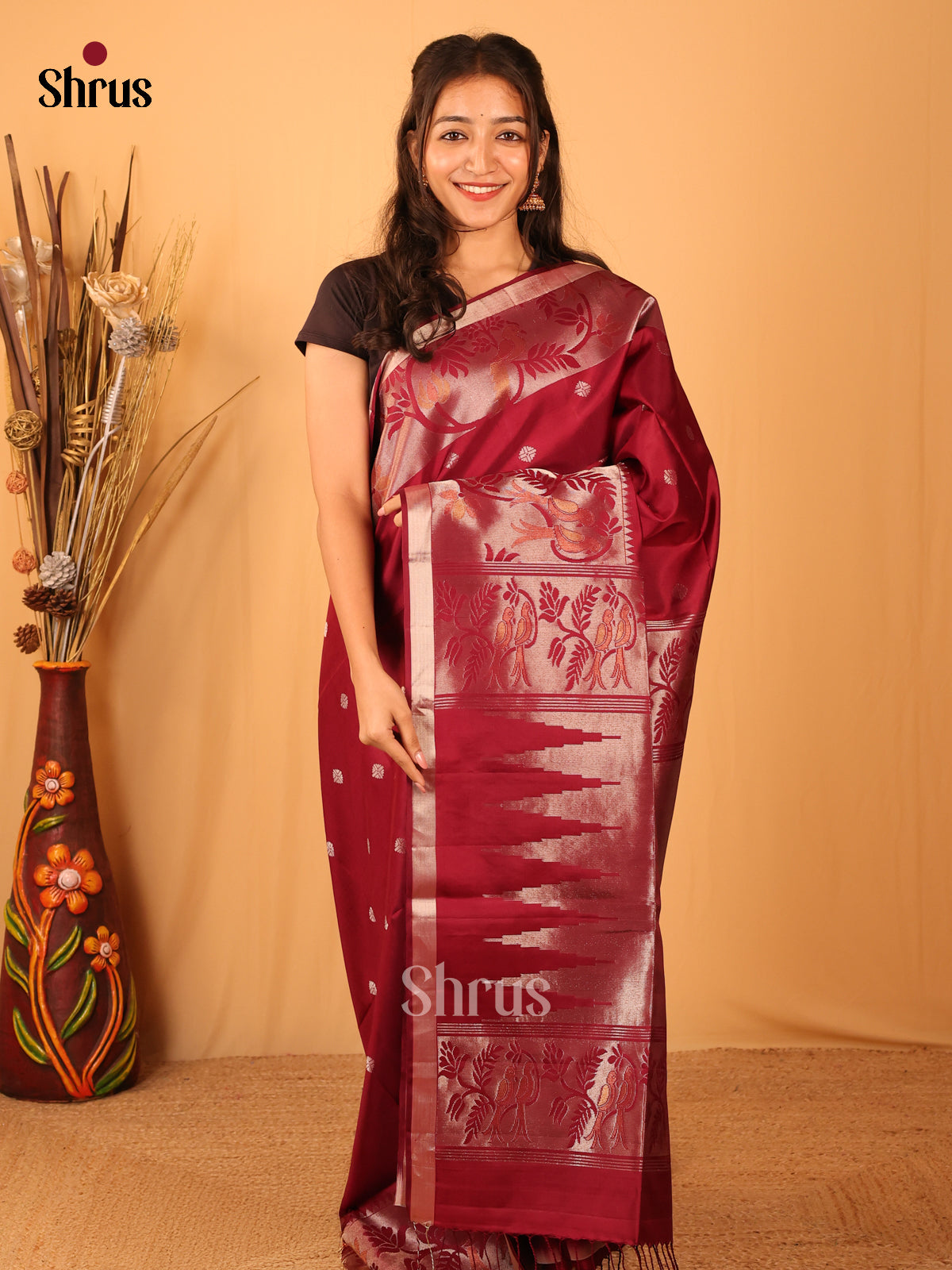 Regal Maroon Soft Silk Saree With Delicate Gold Buttas & Floral Vine Zari Border-1