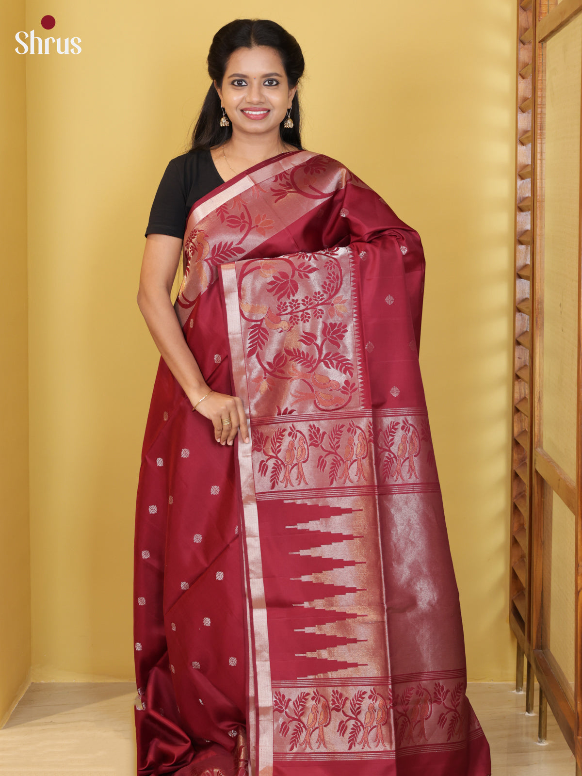 Regal Maroon Soft Silk Saree With Delicate Gold Buttas & Floral Vine Zari Border - Shop on Shrus.com