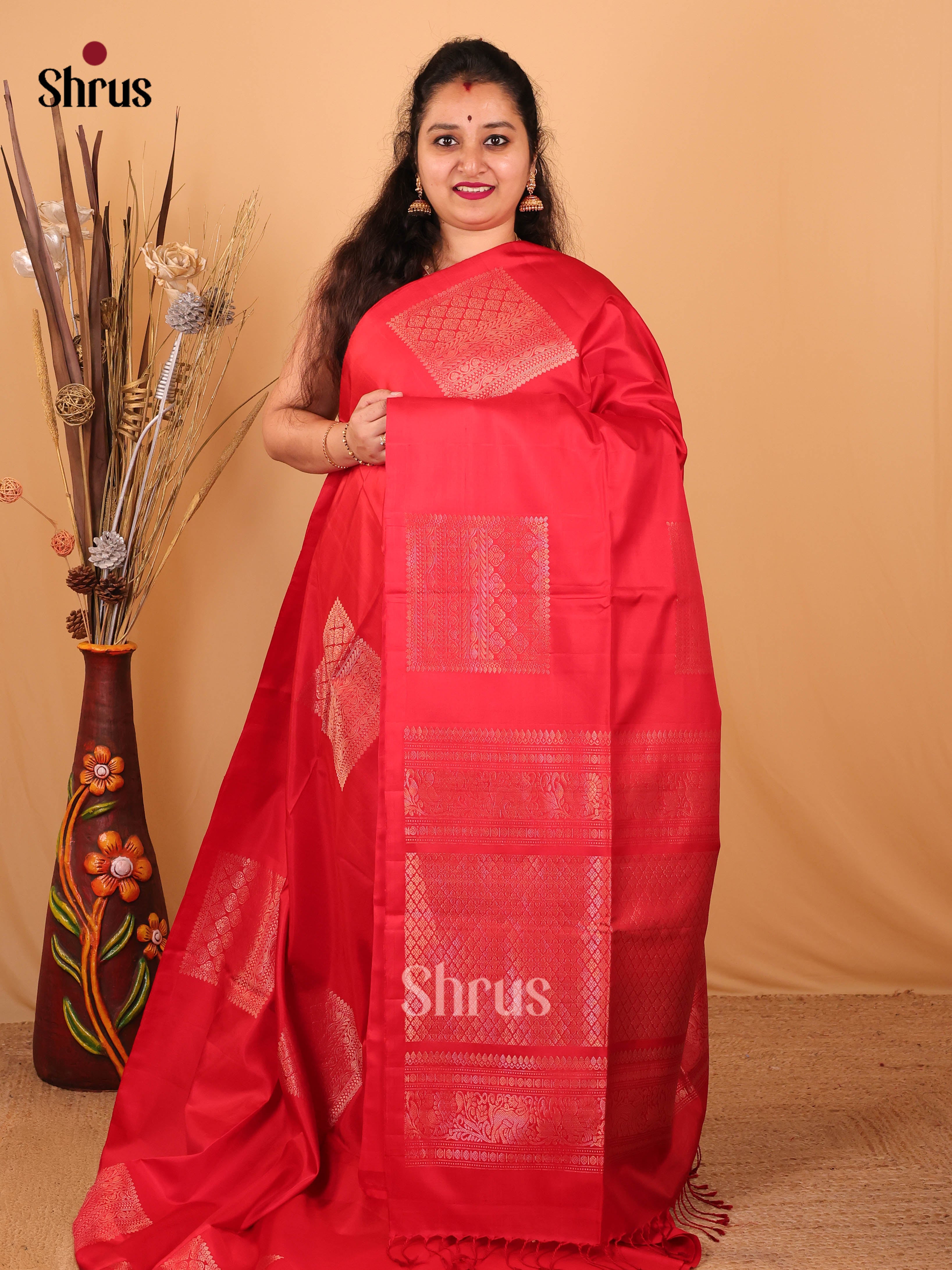 Fiery Red Soft Silk Saree with Mandala Floral Block Motifs & Zari Brocade Pallu-1