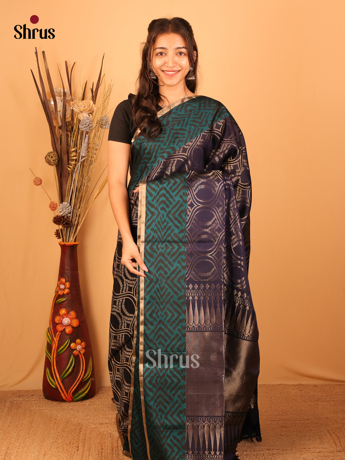 Mystifying Navy Blue Soft Silk Saree With Black Border, Geometric Zari & Gold Piping-1