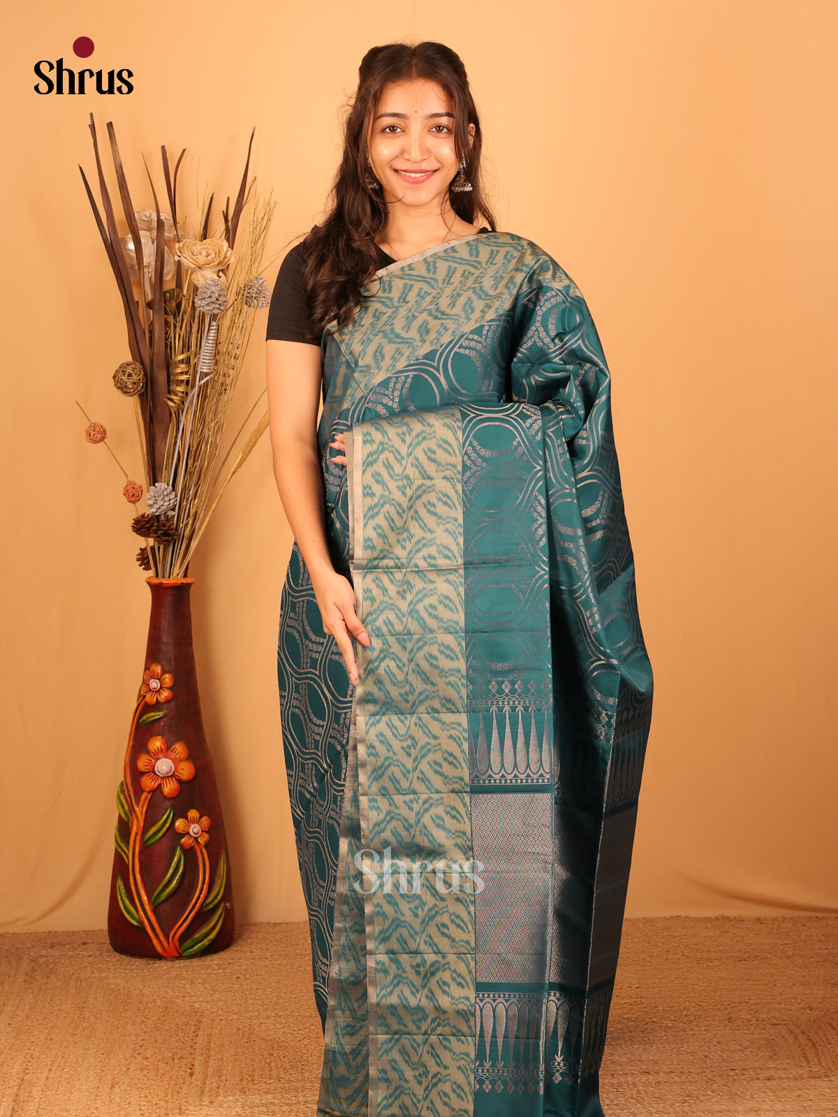 Elegant Peacock Green Soft Silk Saree With Geometric Zari, Beige Border & Pallu-1