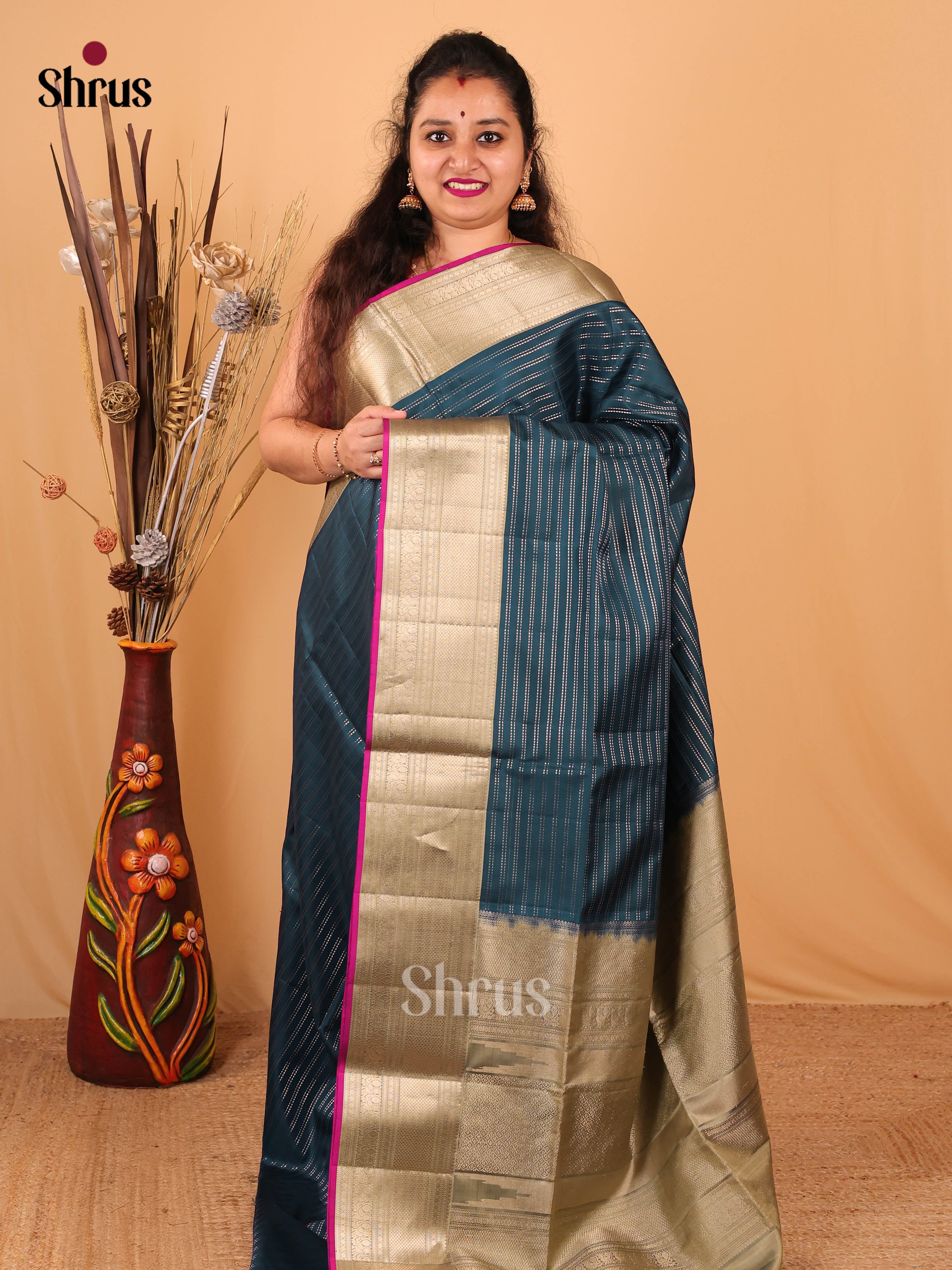 Pretty Blue Soft Silk Saree With Striped Body And Grey Zari Brocade Pallu-1