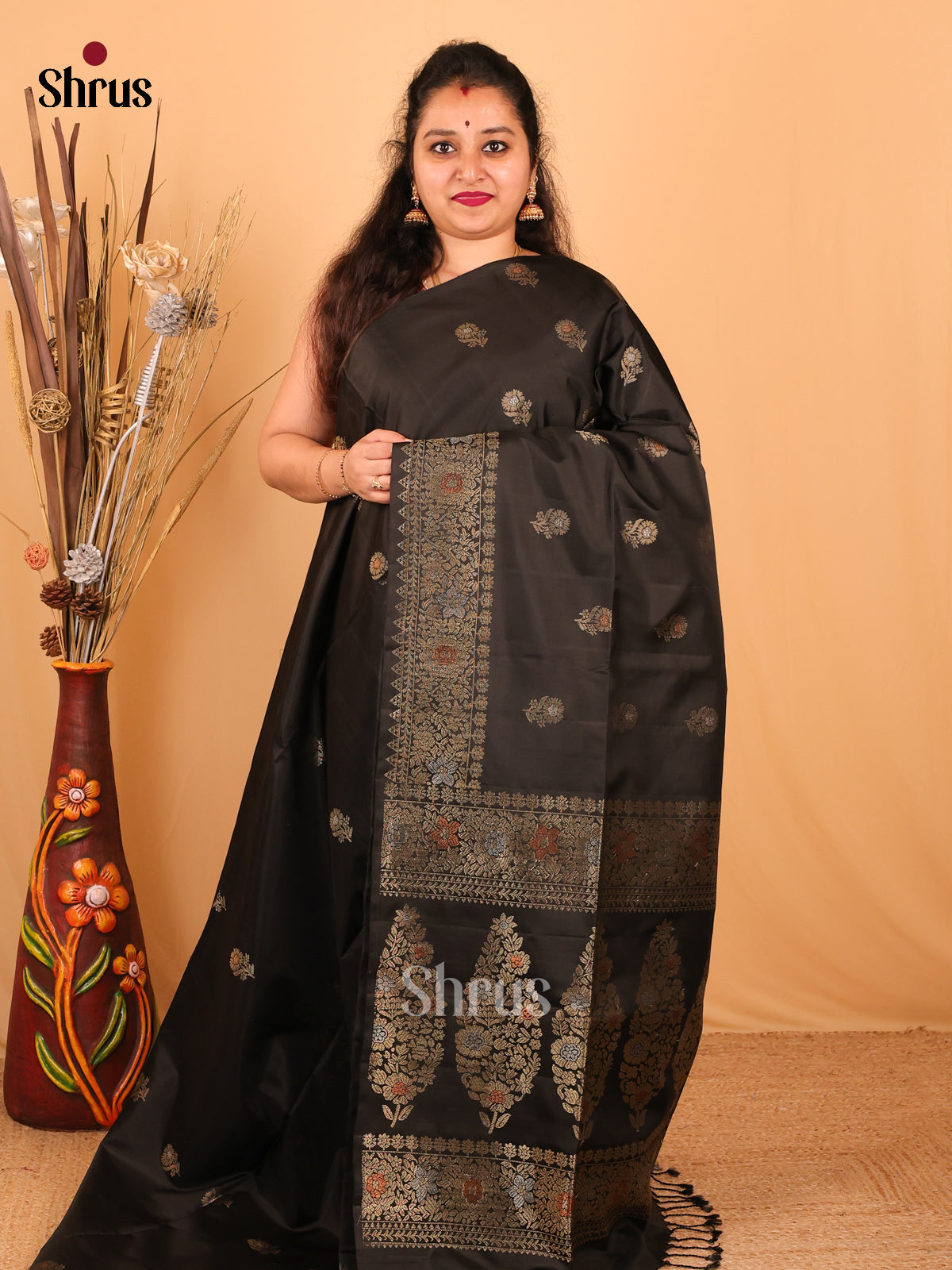 Enchanting Ebony Black Soft Silk Saree with Gold Floral Buttas & Zari Woven Border-1