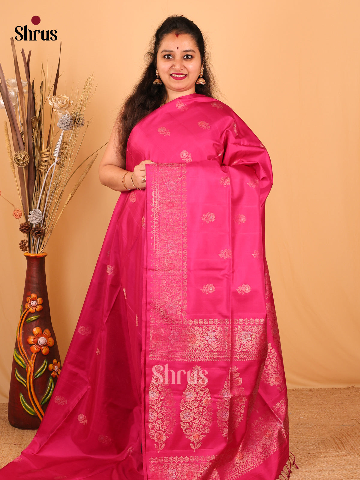 Charming Pink Soft Silk Saree With Golden Floral Buttas, Zari Woven Border & Pallu-1