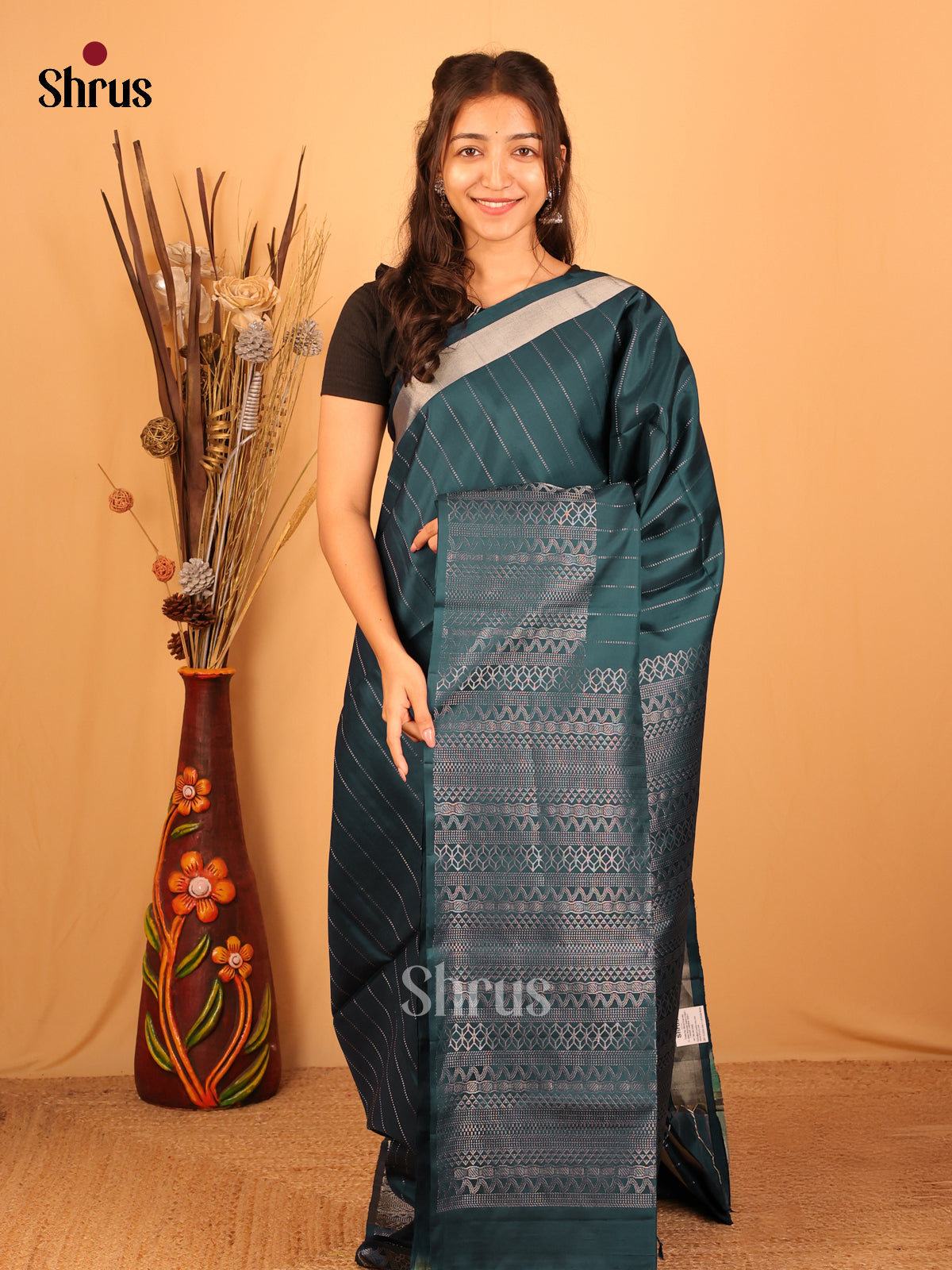 Opulent Peacock Green Soft Silk Saree with Subtle Zari Stripes, Zari Border & Pallu-1
