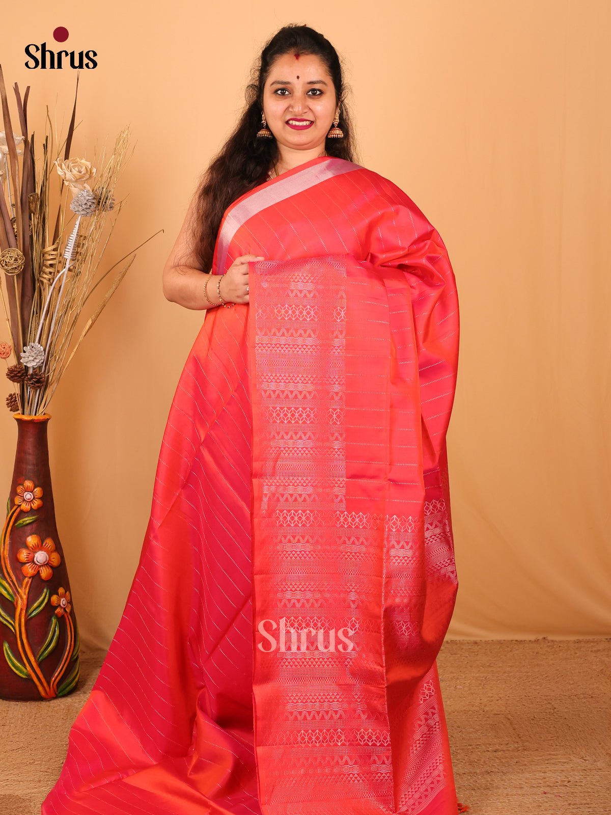 Vibrant Orangish Pink Soft Silk Saree with Subtle Gold Zari Stripes & Border-1