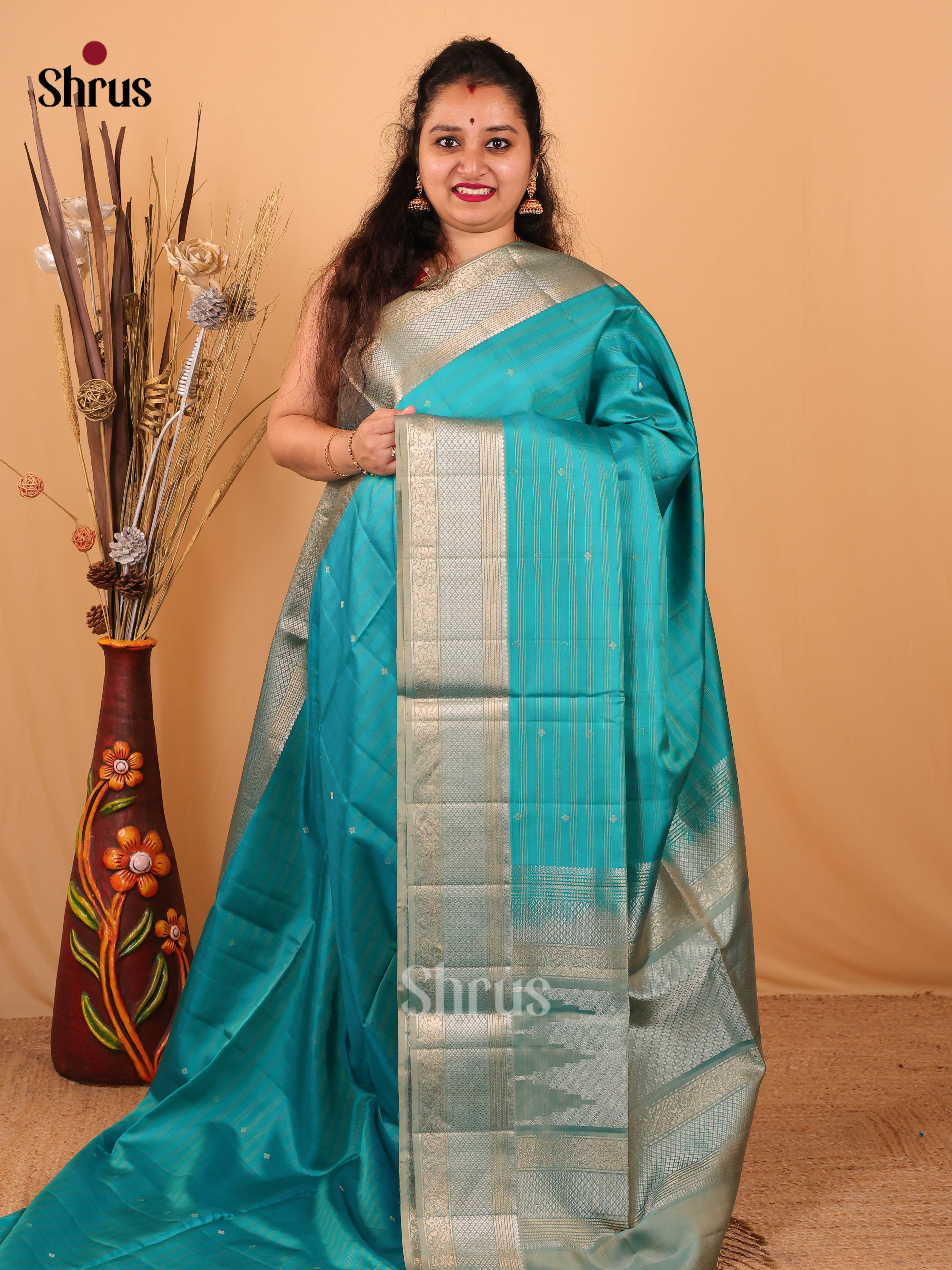 Teal & Pastel Green - Soft Silk Saree - Shop on Shrus.com