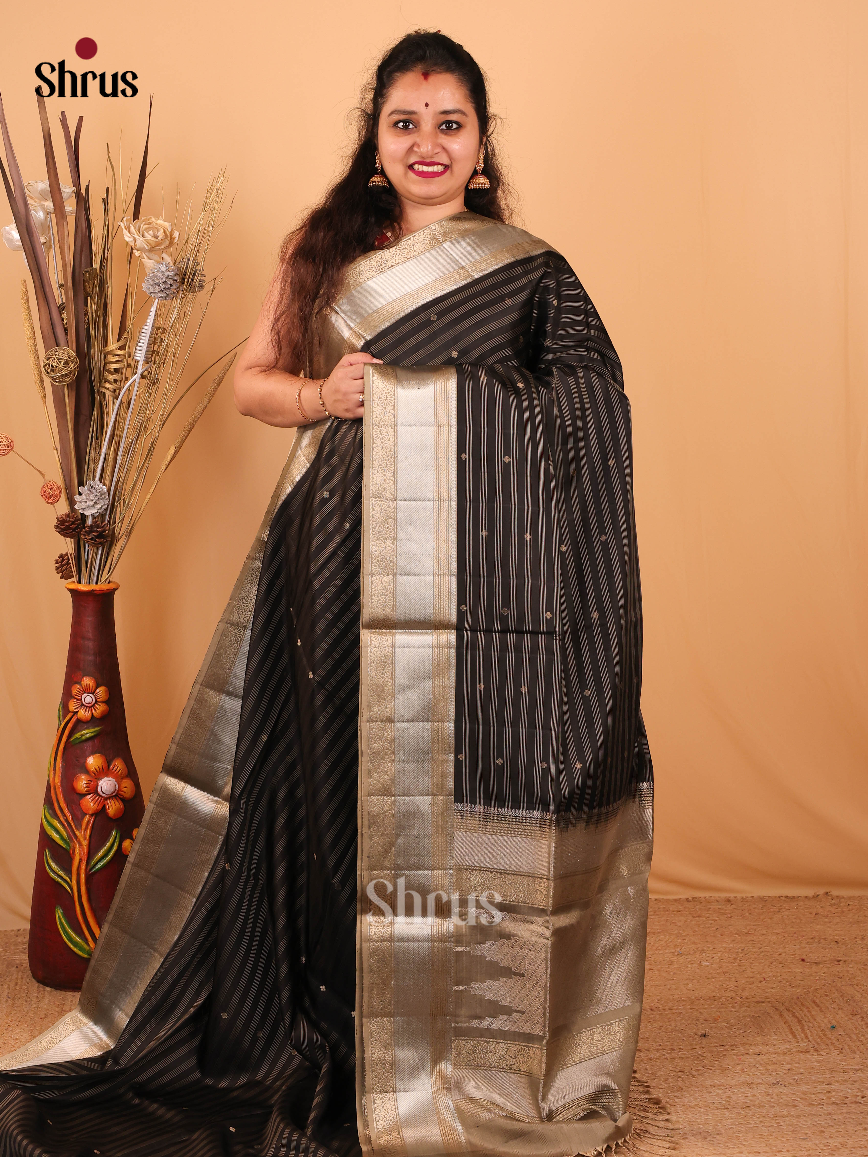 Mystique Black Soft Silk Saree with Zari Buttas & Stripes, Taupe Border & Pallu-1