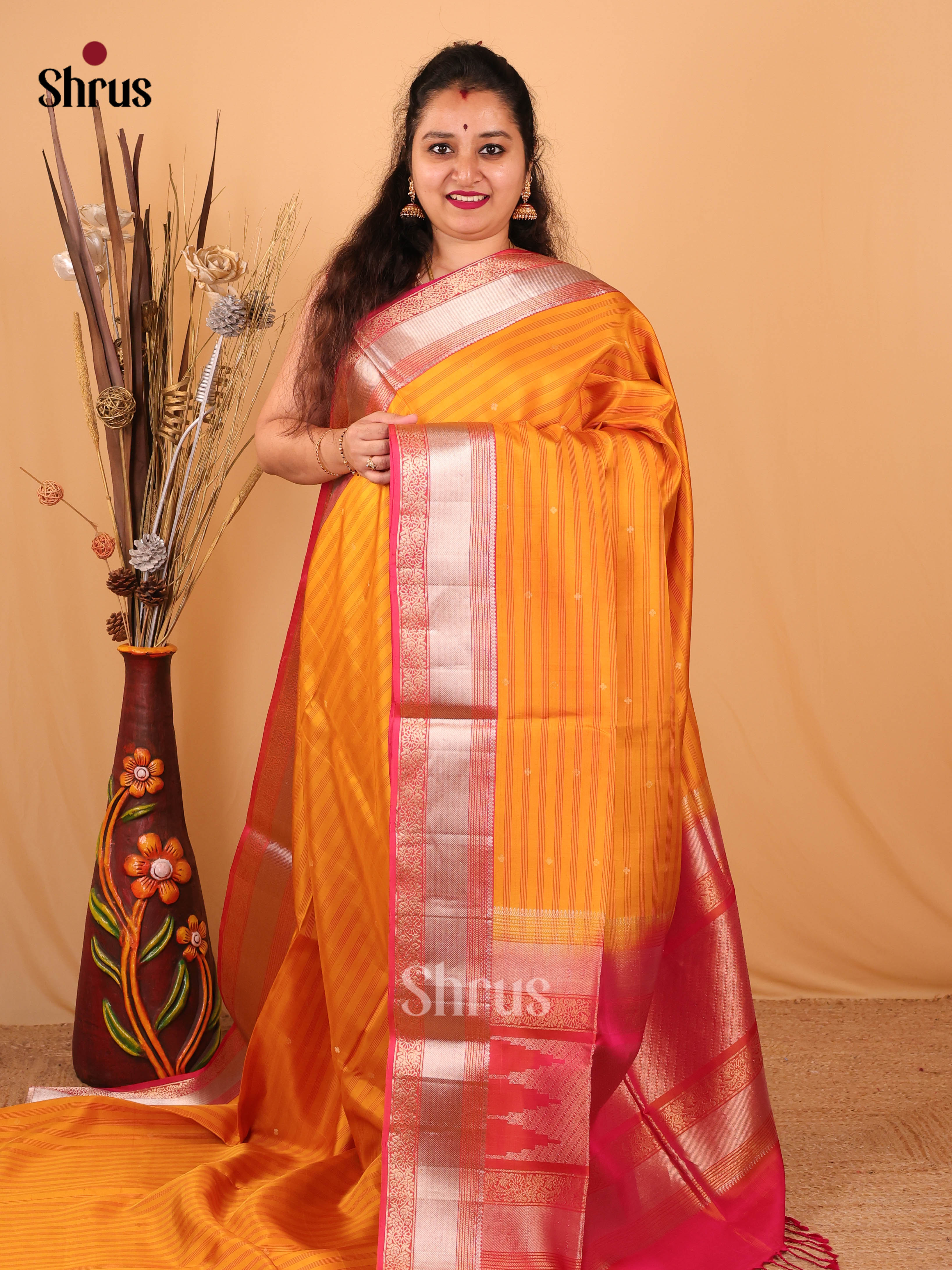 Gleaming Mustard Soft Silk Saree With Maroon Zari Border, Stripes & Floral Buttas-1