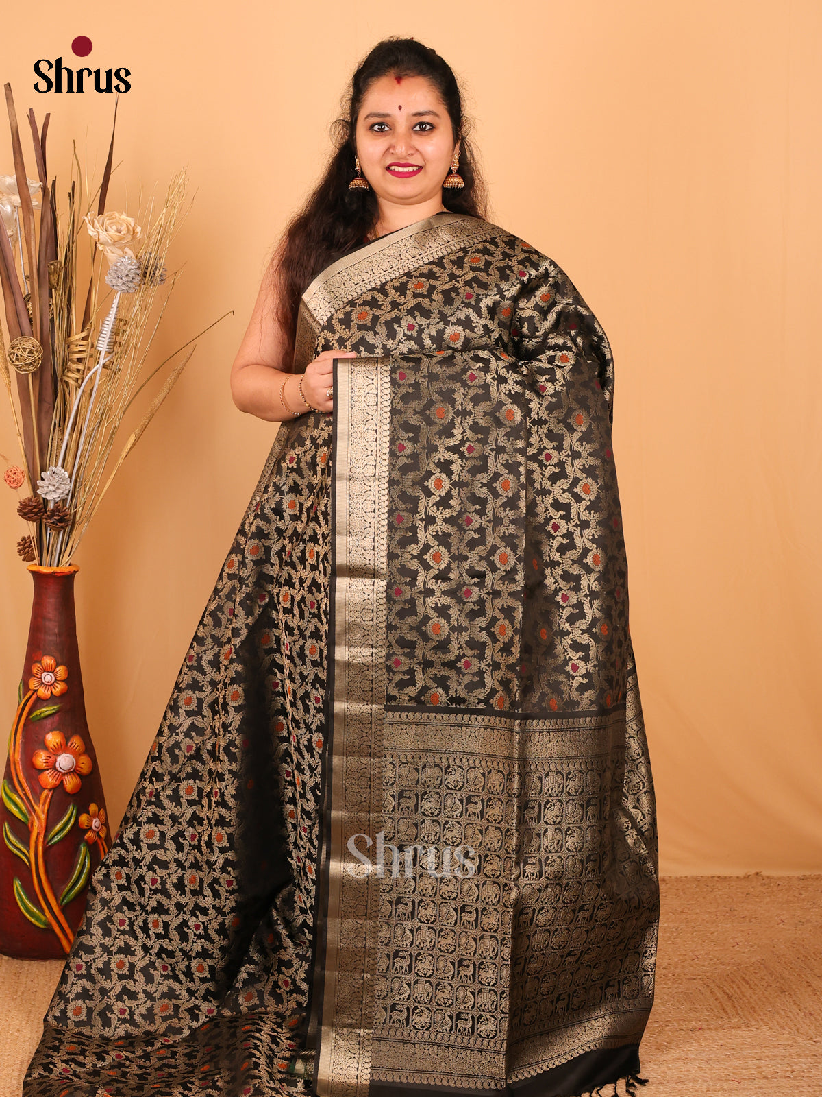 Exquisite Black Soft Silk Saree With Zari Floral Nestling Brocade & Meenakari Pattern-1