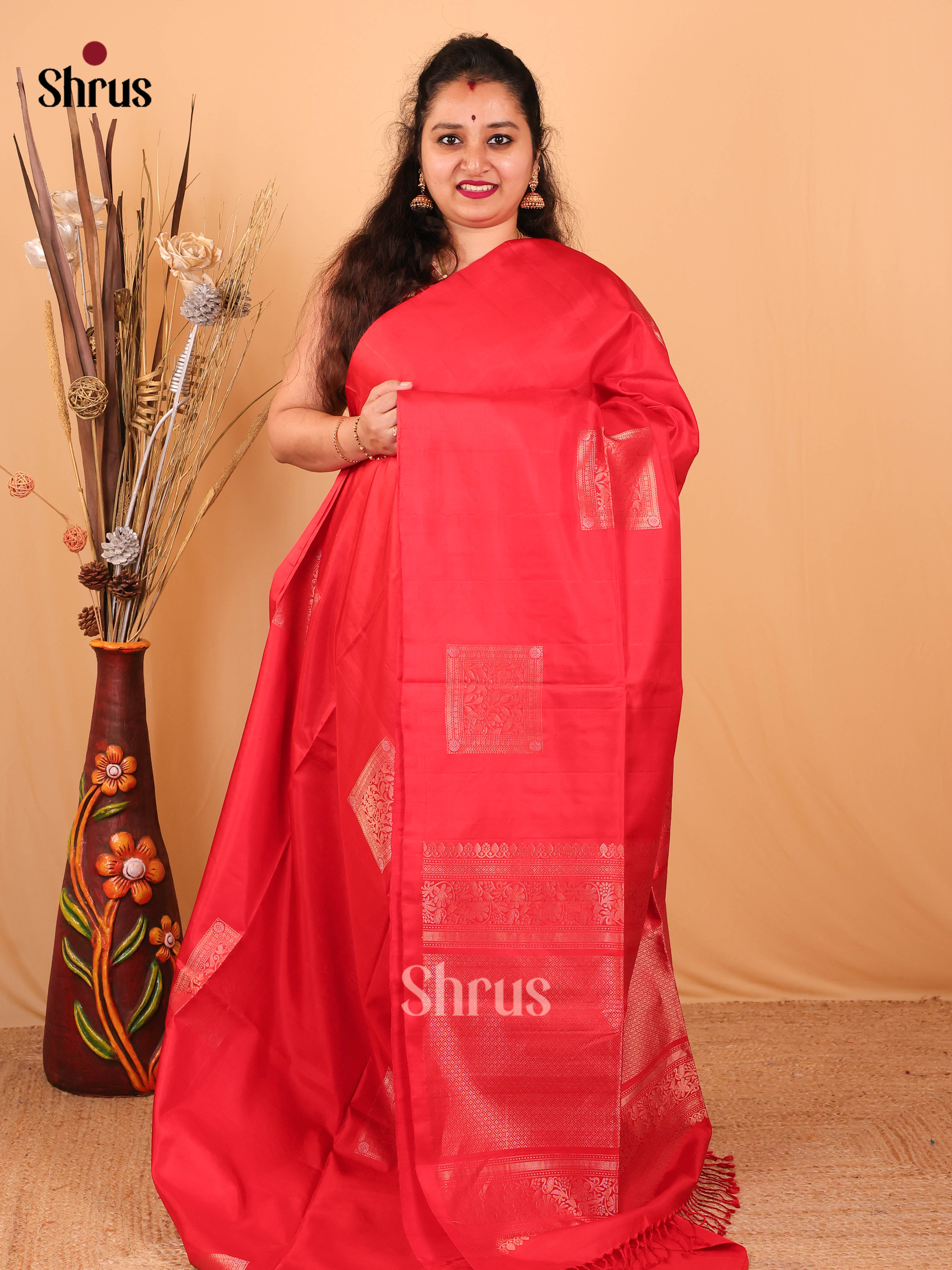 Beautiful Red Soft Silk Saree with Zari Block Motifs, Zari Brocade Pallu & Plain Blouse-1