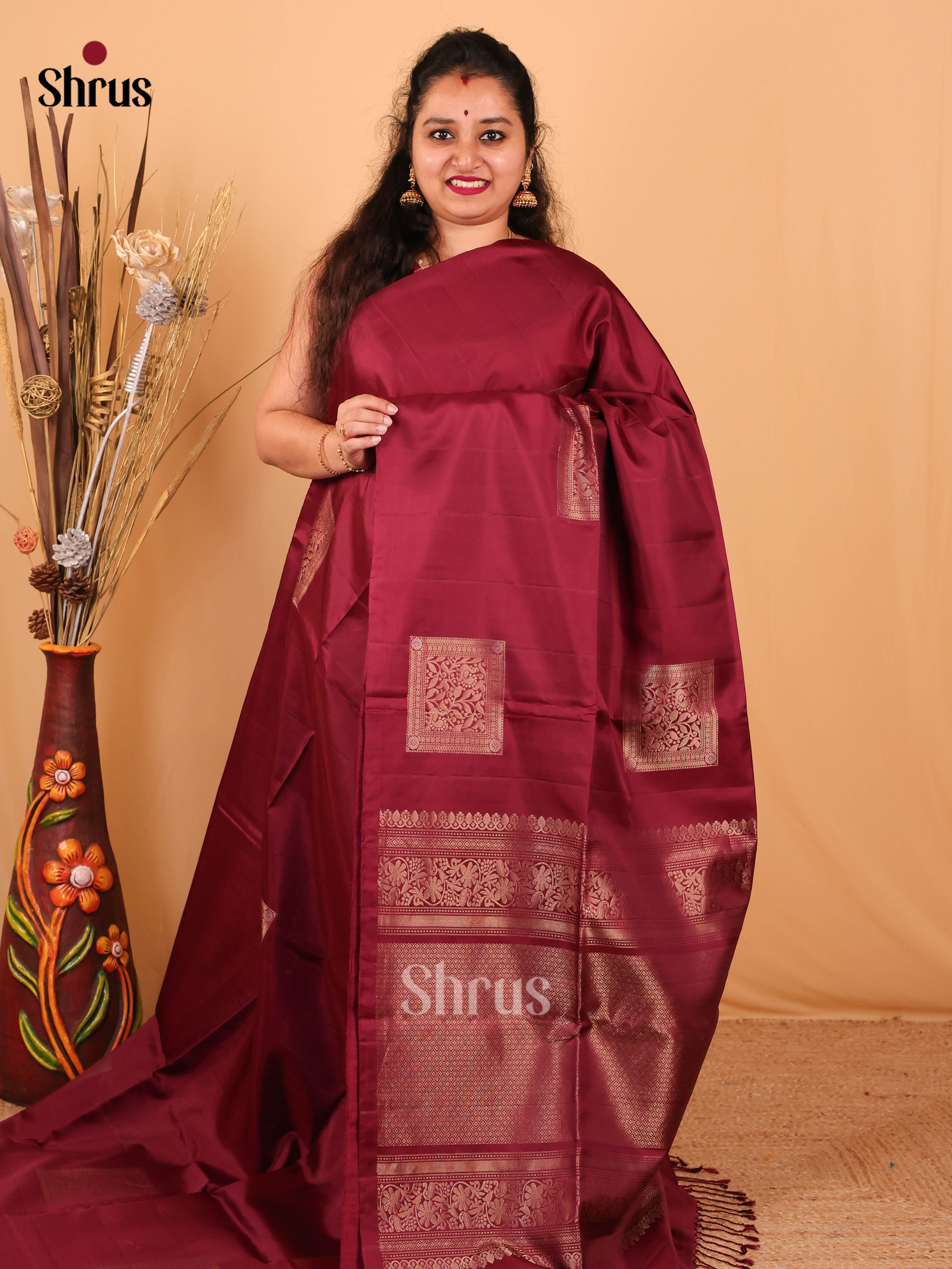 Classic Maroon Soft Silk Saree with Zari Block Motifs, Self Brocade Pallu & Plain Blouse-1