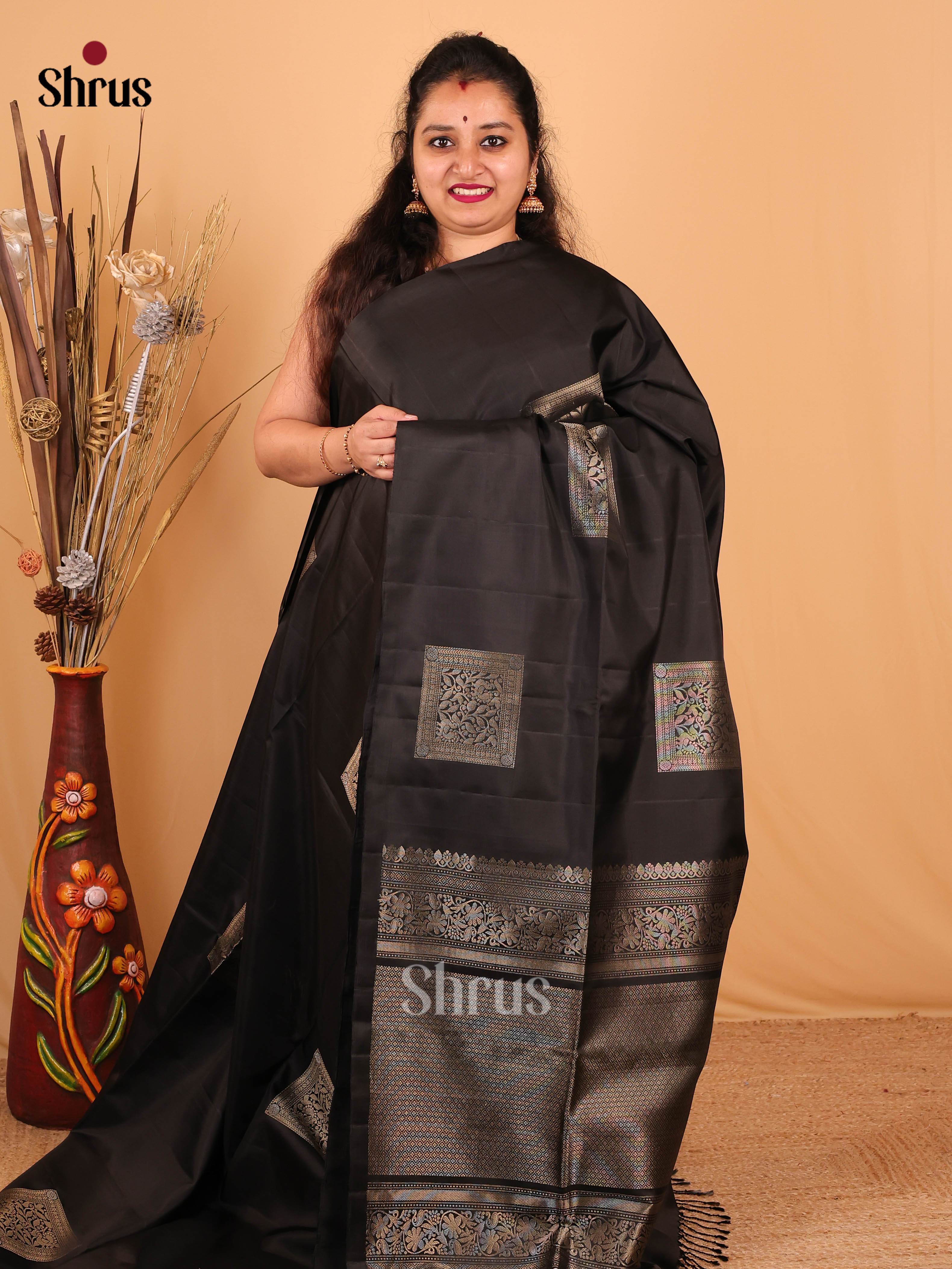 Pretty Black Soft Silk Saree with Zari Block Motifs, Self Brocade Pallu & Plain Blouse-1