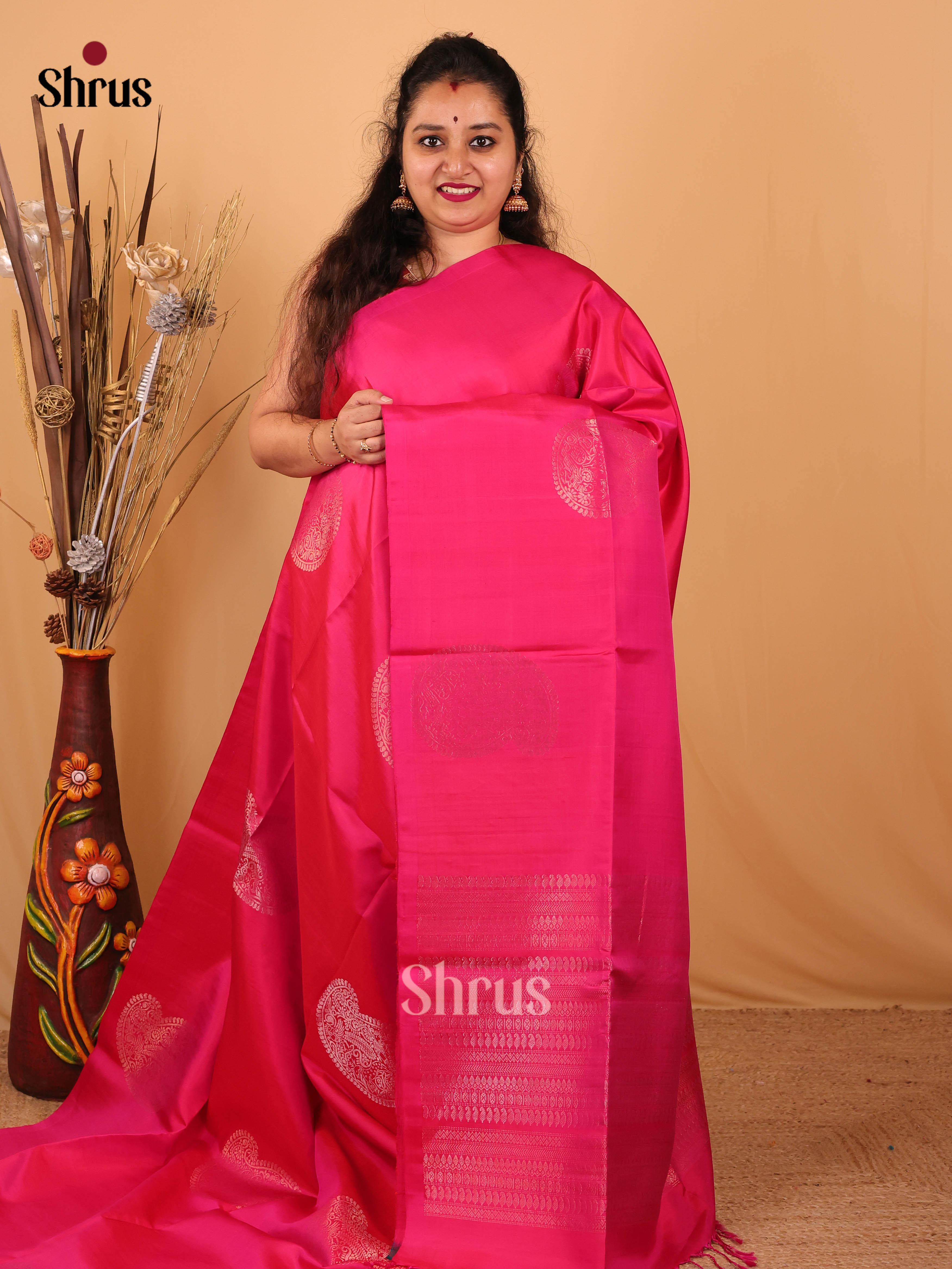 Charming Pink Soft Silk Saree with Zari Paisley Motifs, Self Border & Rich Pallu - Shop on Shrus.com