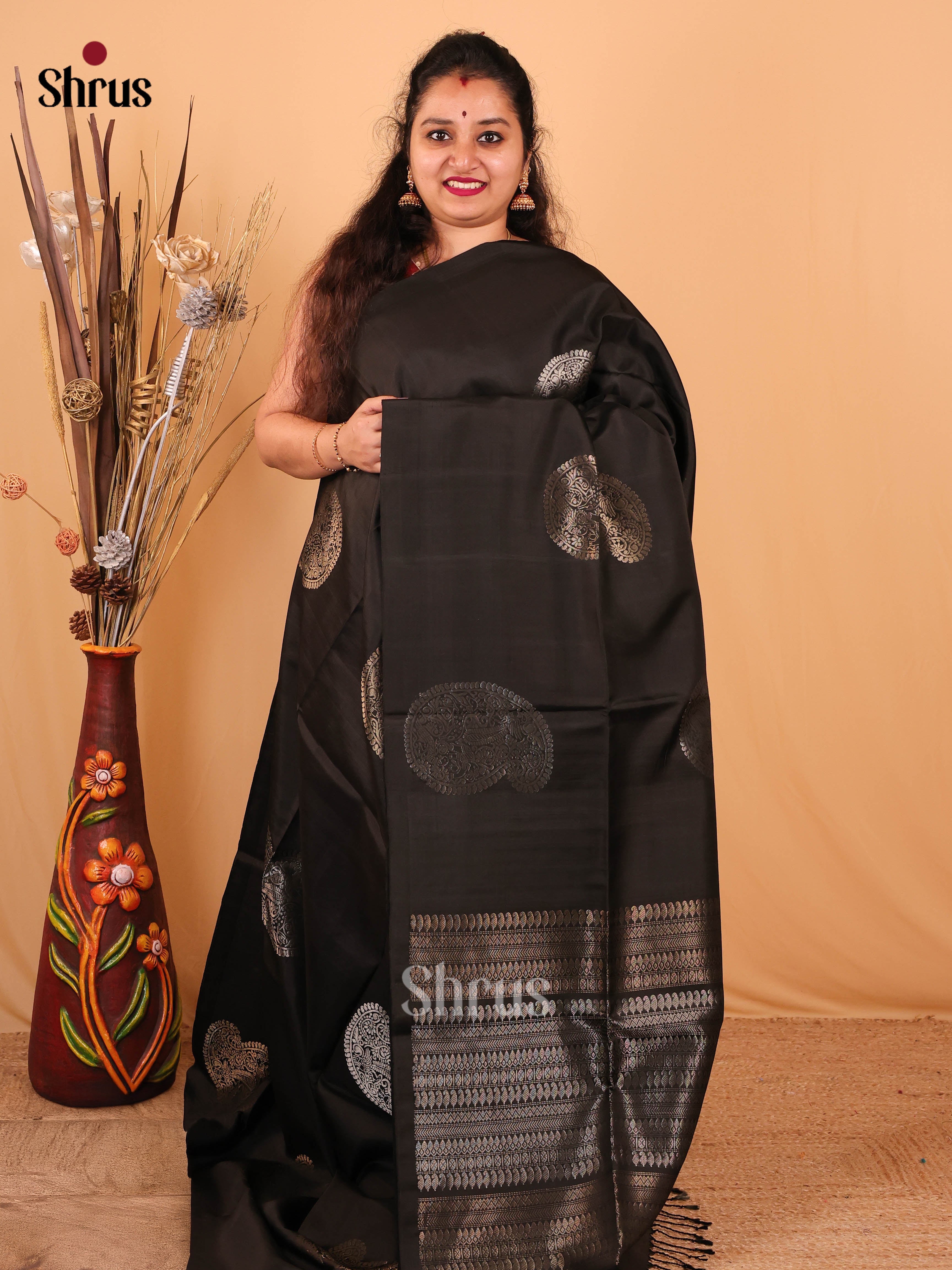 Magnificient Black Soft Silk Saree with Floral Paisley Motifs, Self Brocade Pallu & Border-1