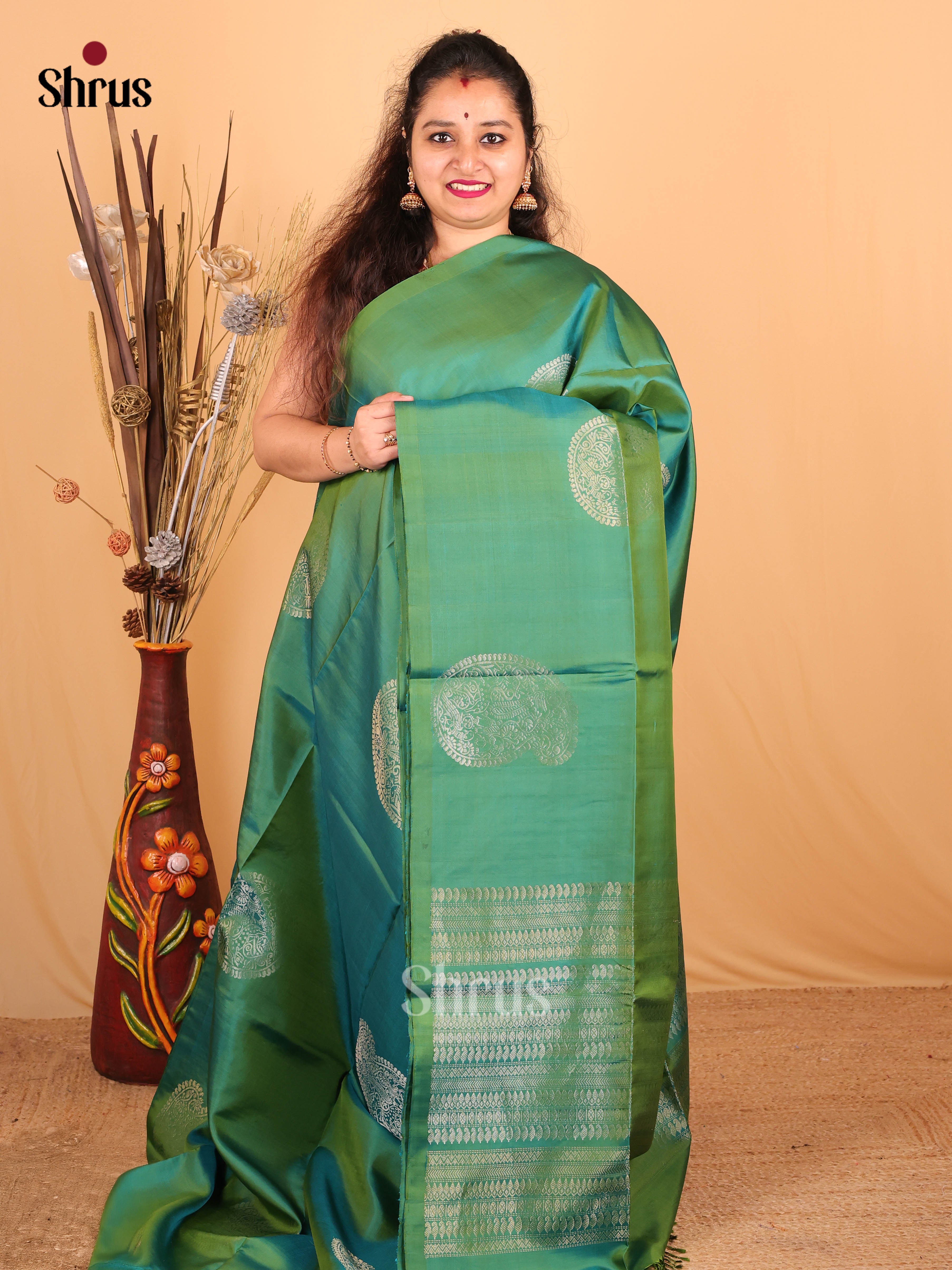 Pretty Green Soft Silk Saree with Floral Paisley Motifs, Self Brocade Pallu & Border-1