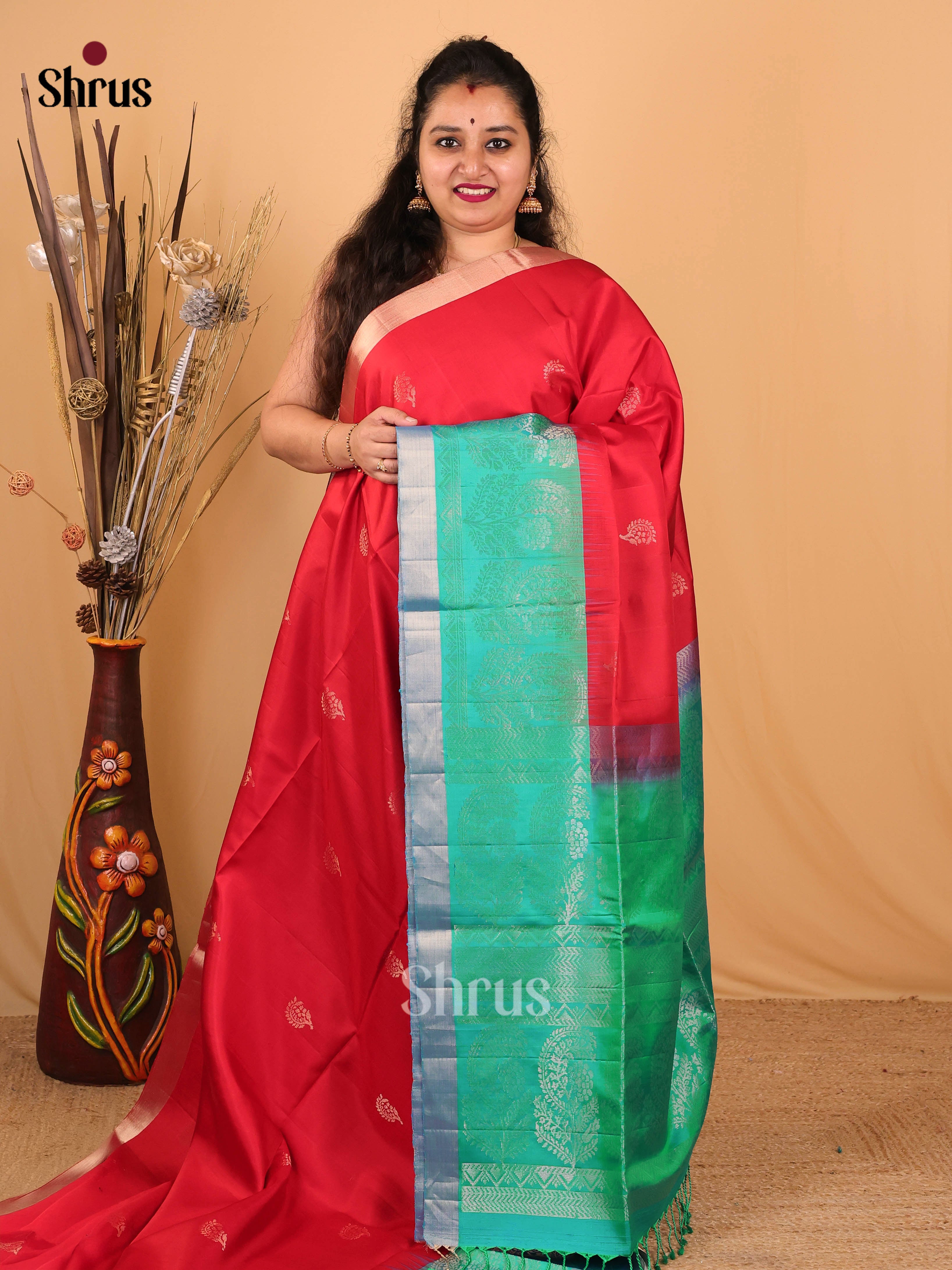 Pretty Red Soft Silk Saree with Floral Zari Buttas, Green Border & Brocade Pallu - Shop on Shrus.com
