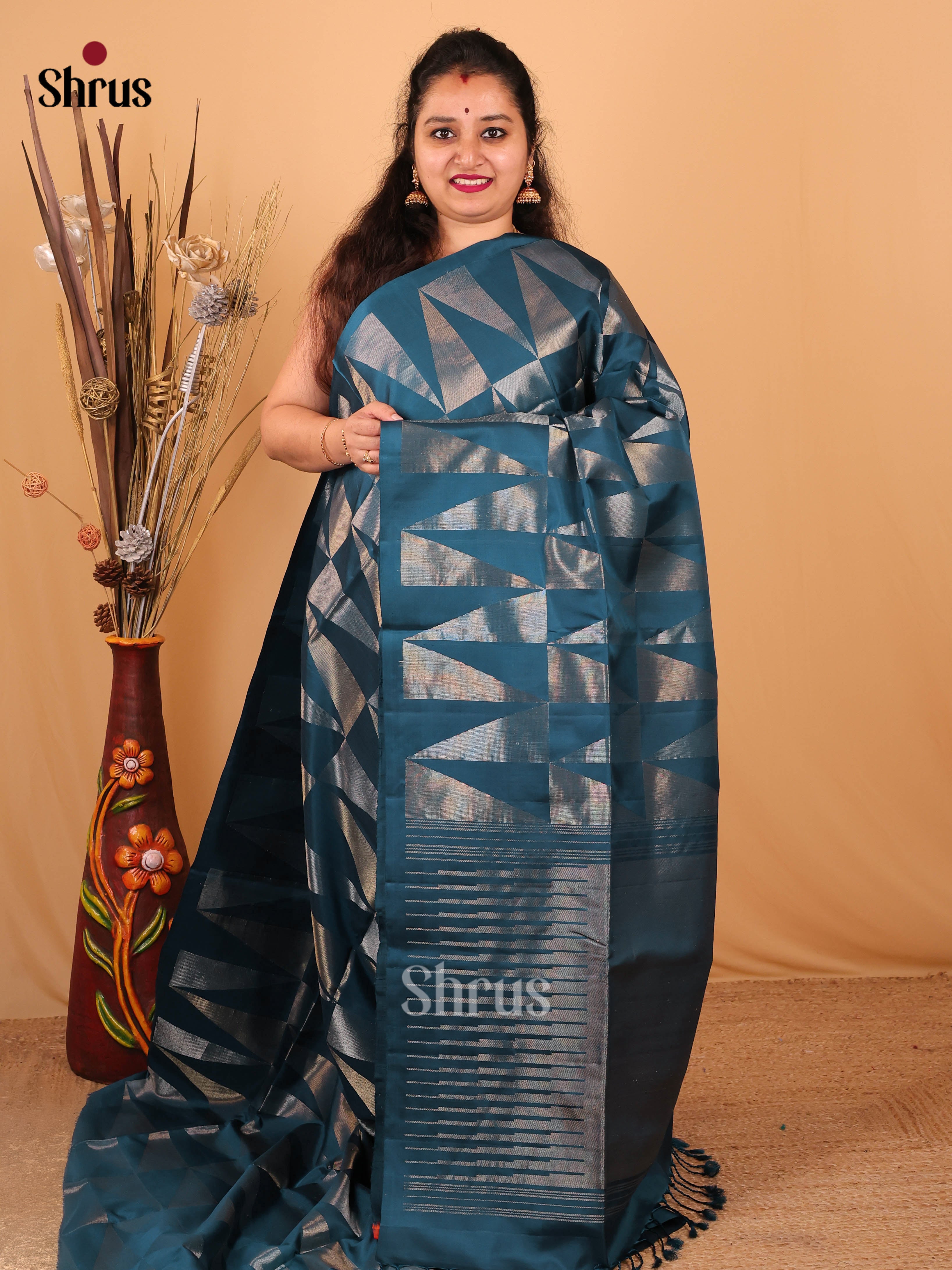 Chic Peacock Blue Soft Silk Saree with Zari Triangles & Brocade Pallu-1
