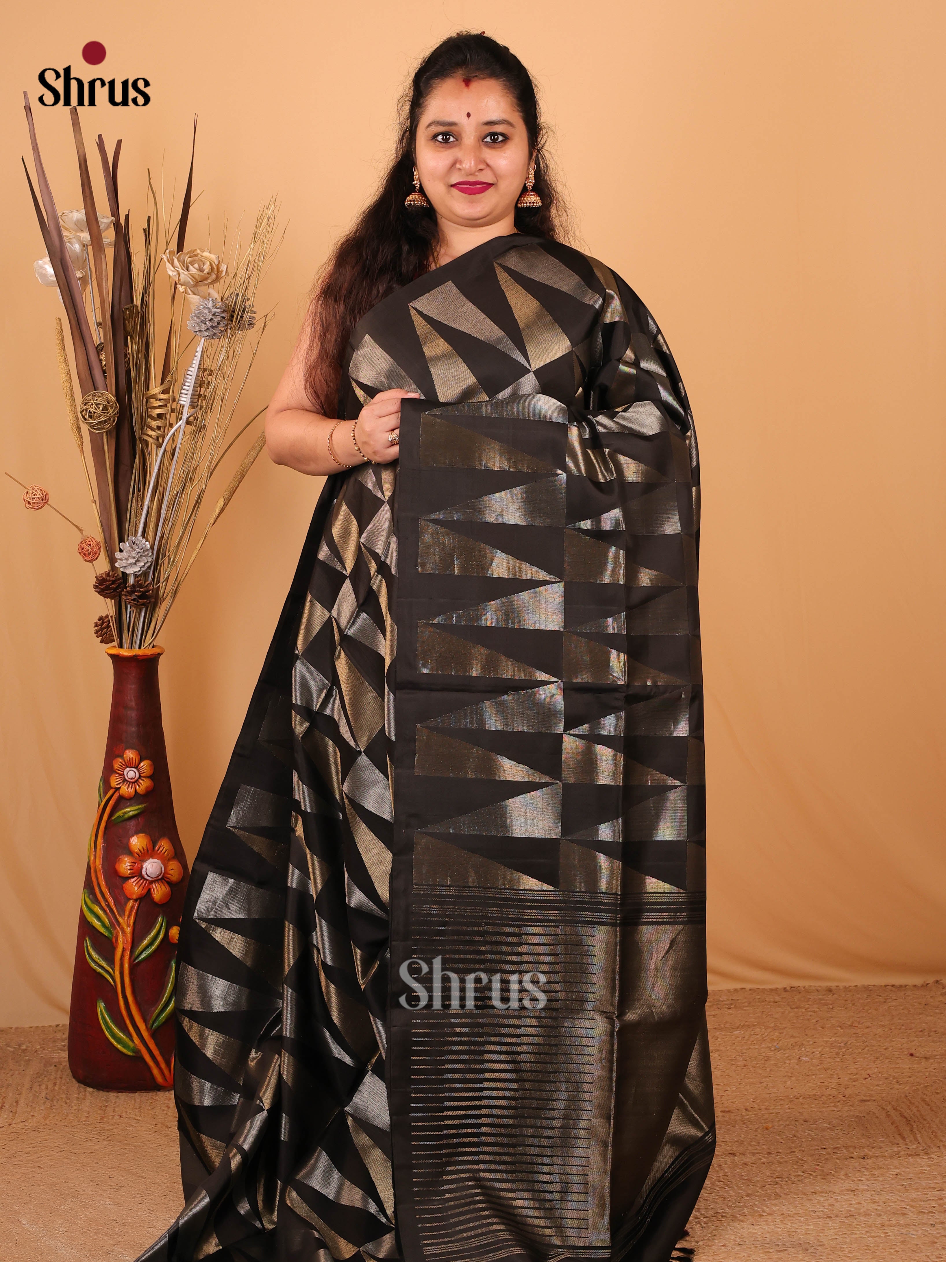 Beautiful Black Soft Silk Saree with Geometric Zari & Brocade Pallu-1
