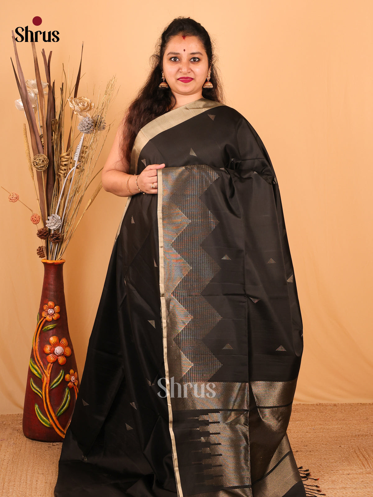 Elegant Black Soft Silk Saree with Golden Triangles, Zari Border & Brocade Pallu-1