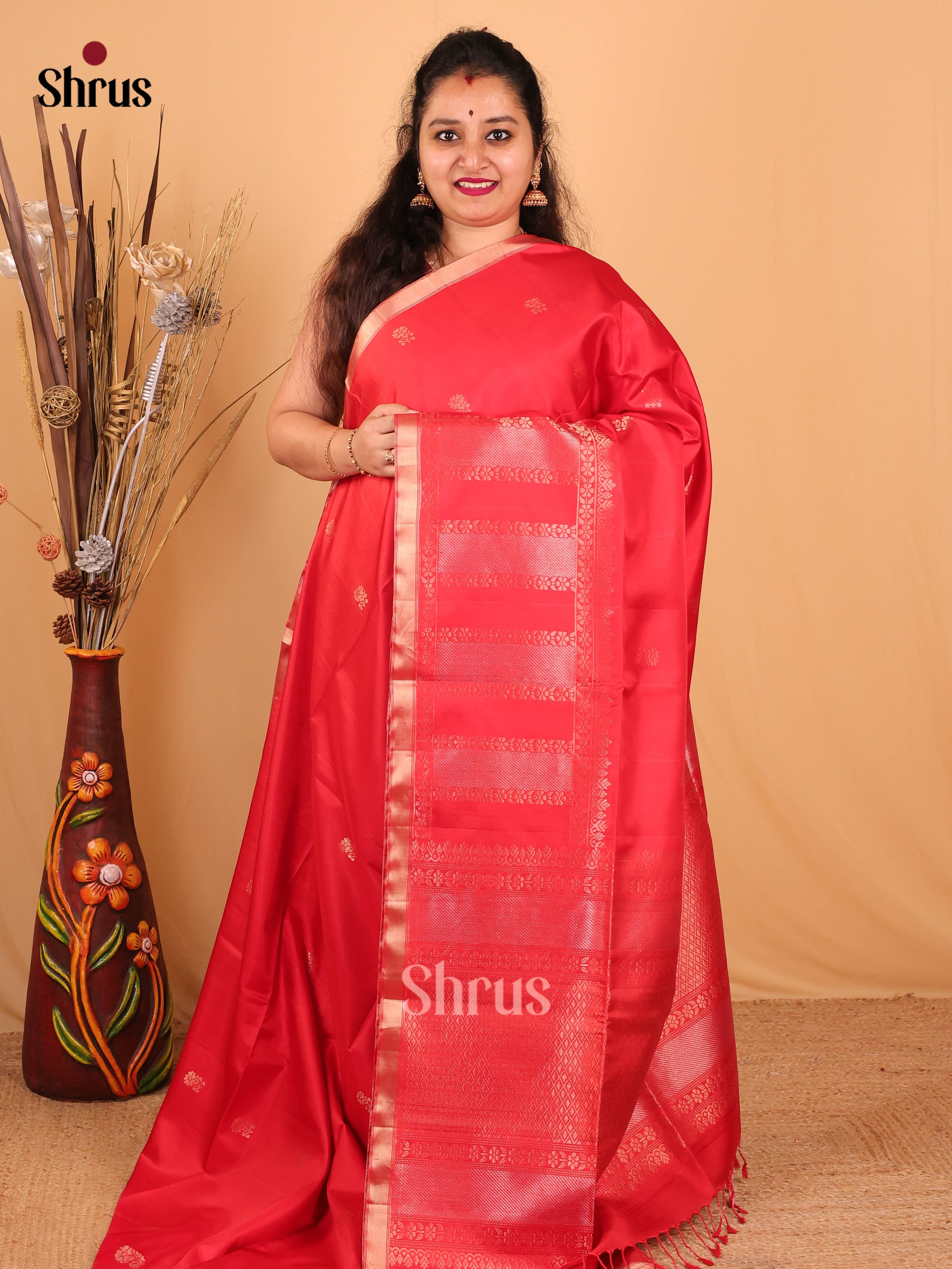Splendid Scarlet Red Soft Silk Saree with Self Zari Floral Buttas & Border Pallu-1