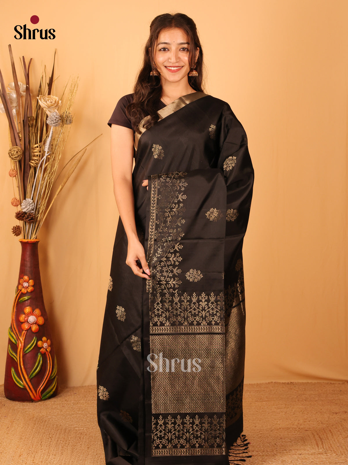 Mystic Black Soft Silk Saree with Gold Zari Floral Buttas & Brocade-1