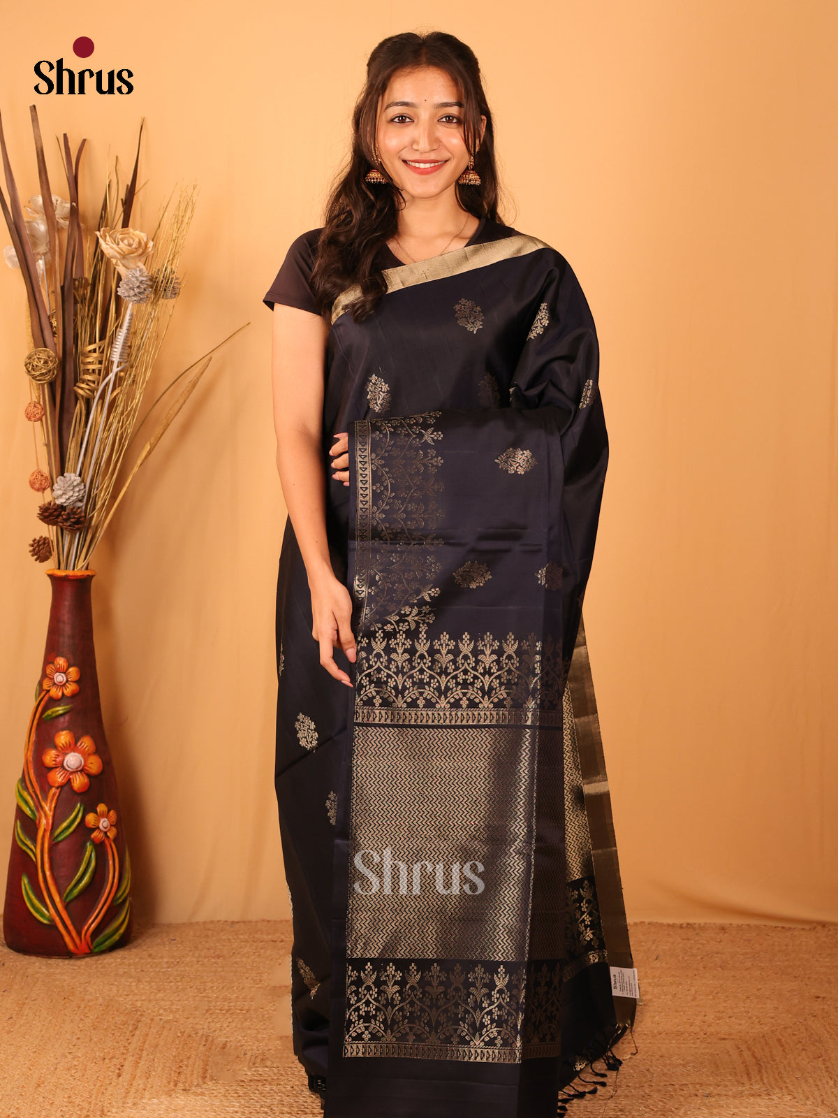 Elegant Black Soft Silk Saree with Floral Zari Buttas & Brocade Pallu-1