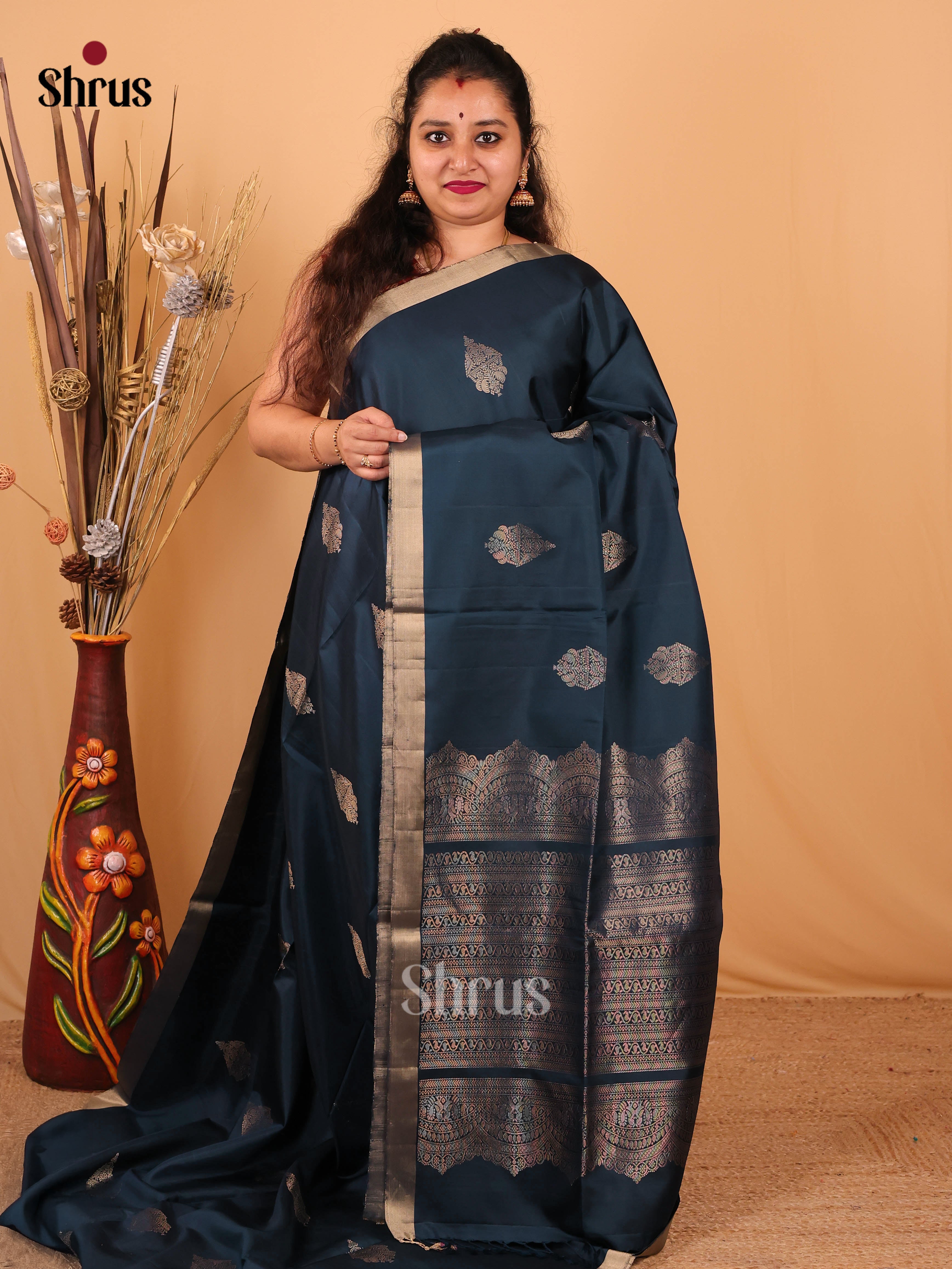 Stunning Blue Soft Silk Saree with Zari Woven Floral Buttas & Brocade Pallu - Shop on Shrus.com