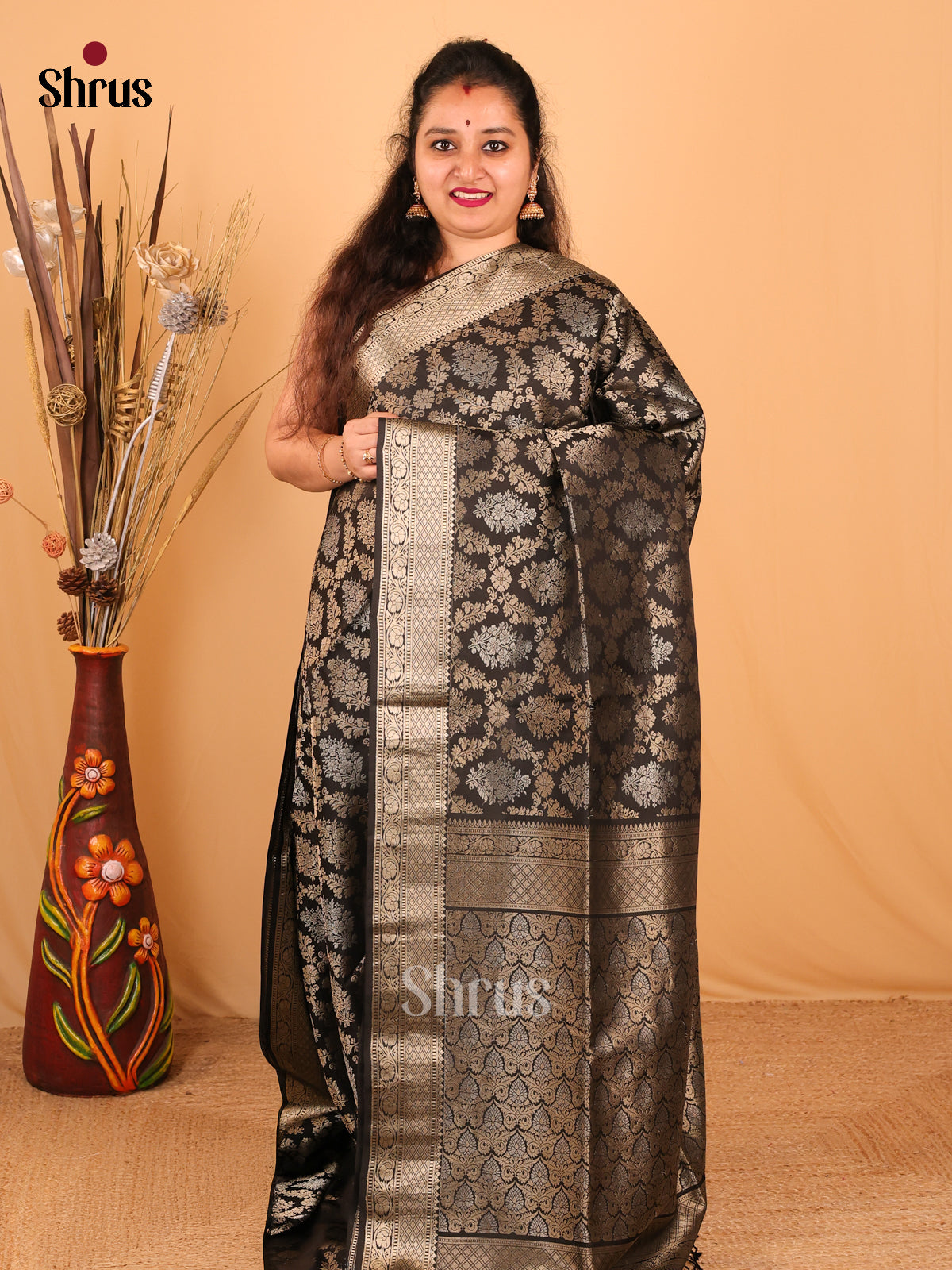 Opulently Woven Black Soft Silk Saree with Gold Zari Floral Brocade & Self Zari Border-1