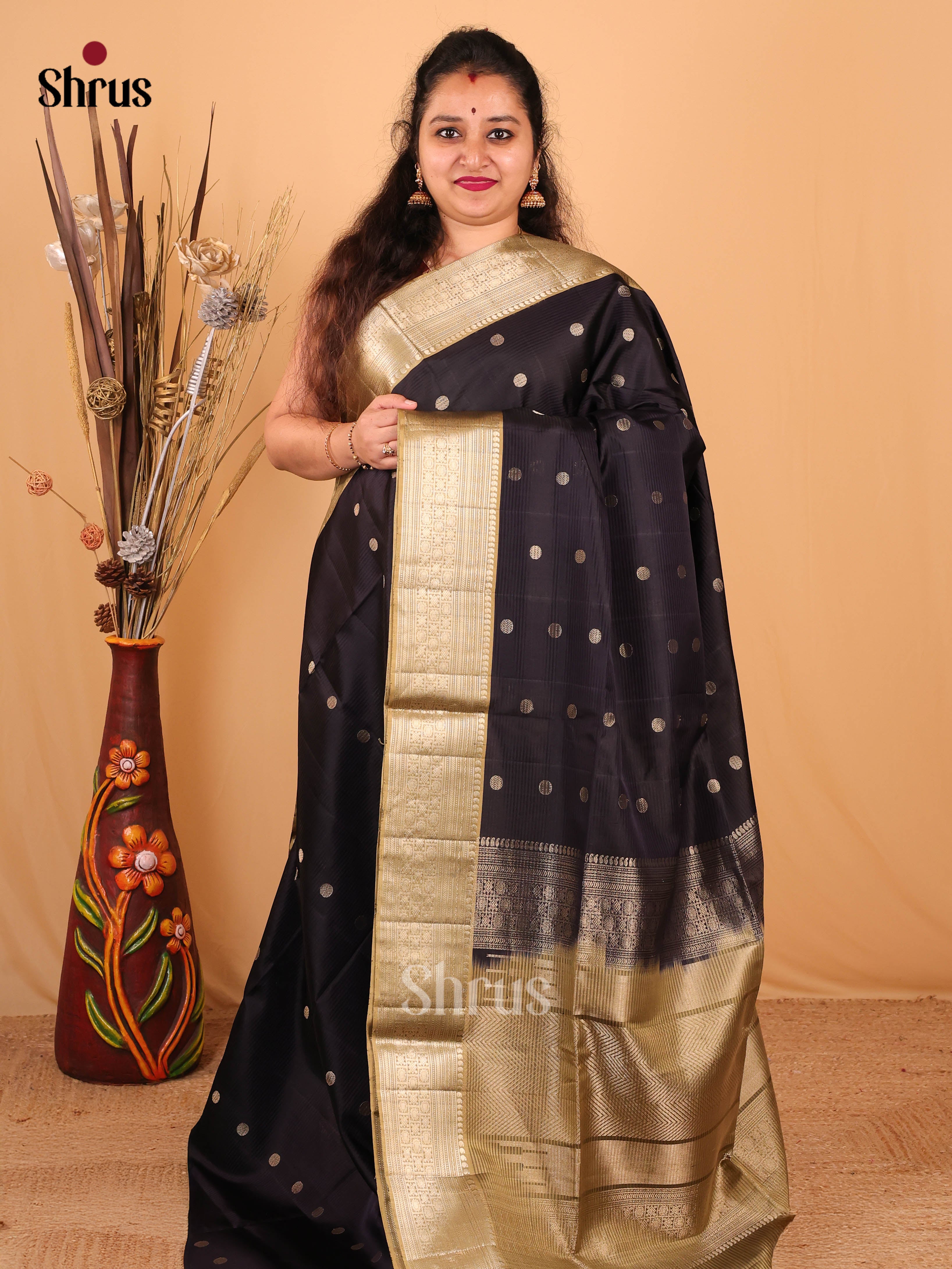 Stunning Black Soft Silk Saree with Zari Buttas, Chutney Green Border & Pallu-1
