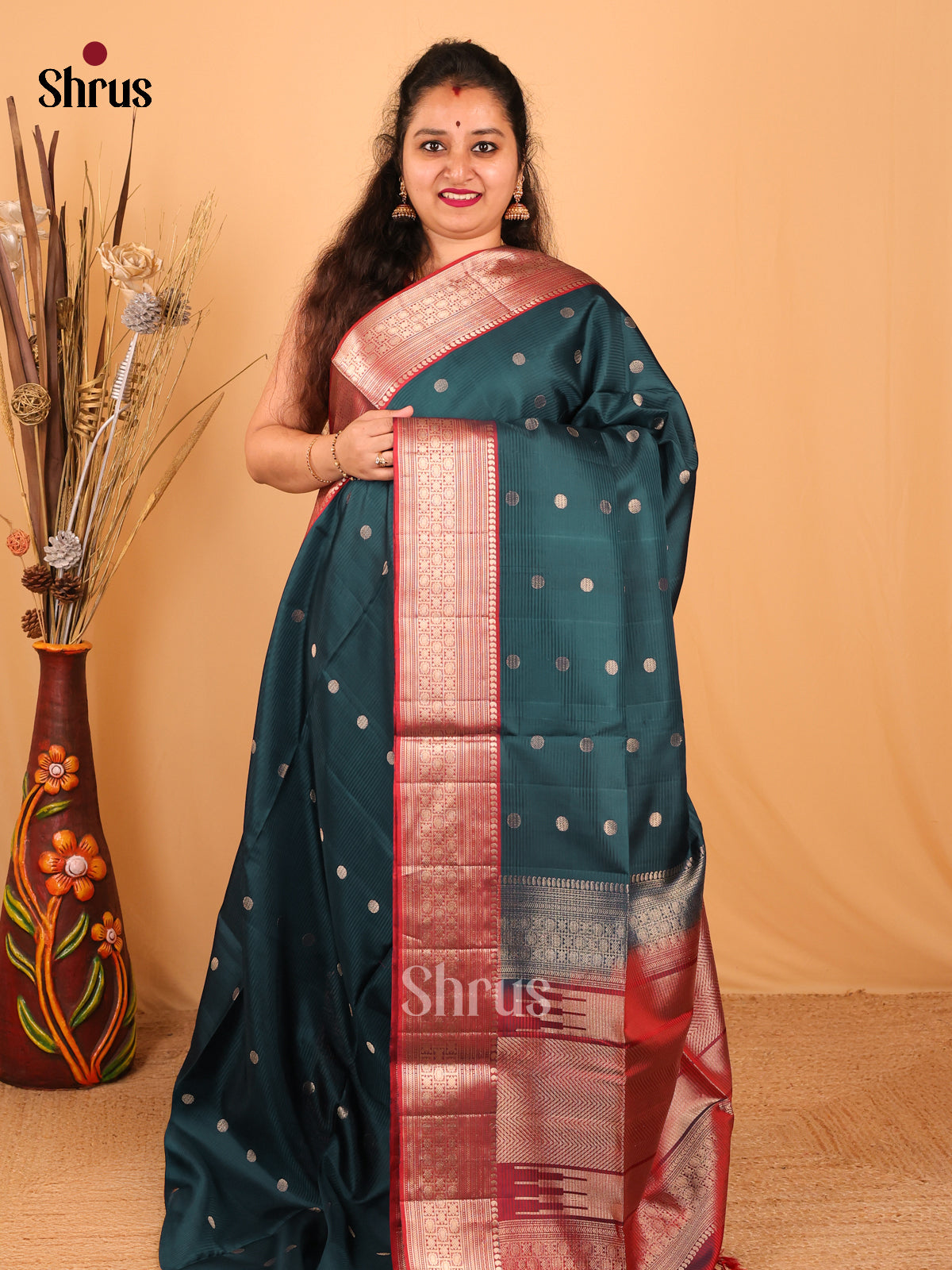 Charming Peacock Green Soft Silk Saree with Zari Buttas, Maroon Border & Pallu-1