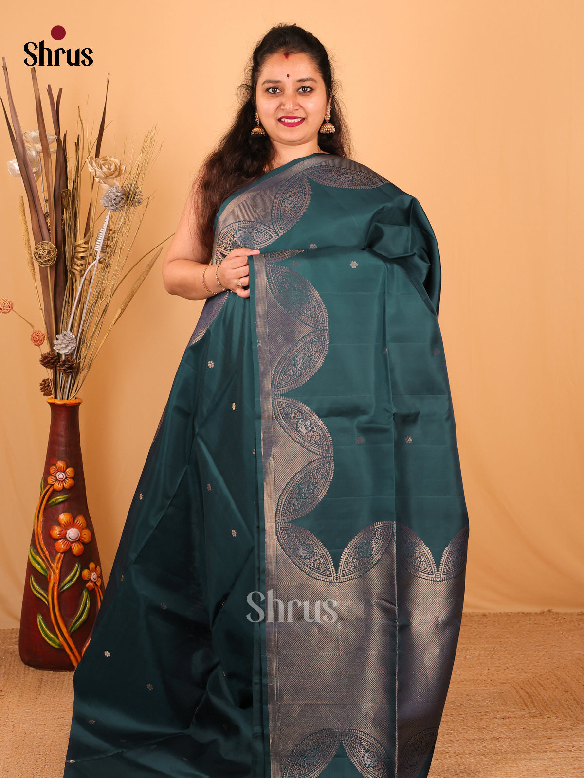 Splendid Peacock Green Soft Silk Saree with Zari Woven Floral Buttas & Border-1