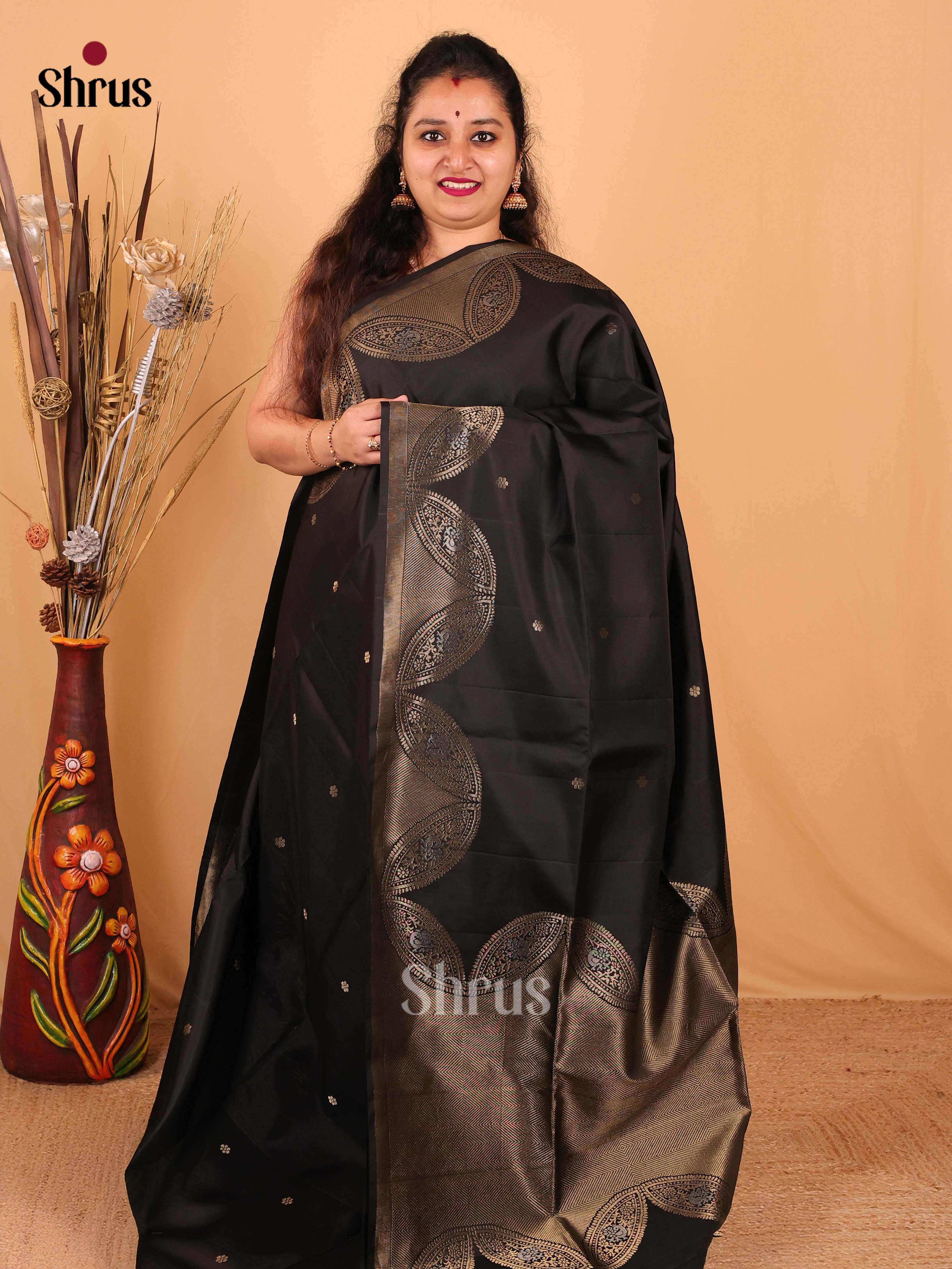 Regal Black Zari Butta Soft Silk Saree with Radiant Self Border & Pallu-1