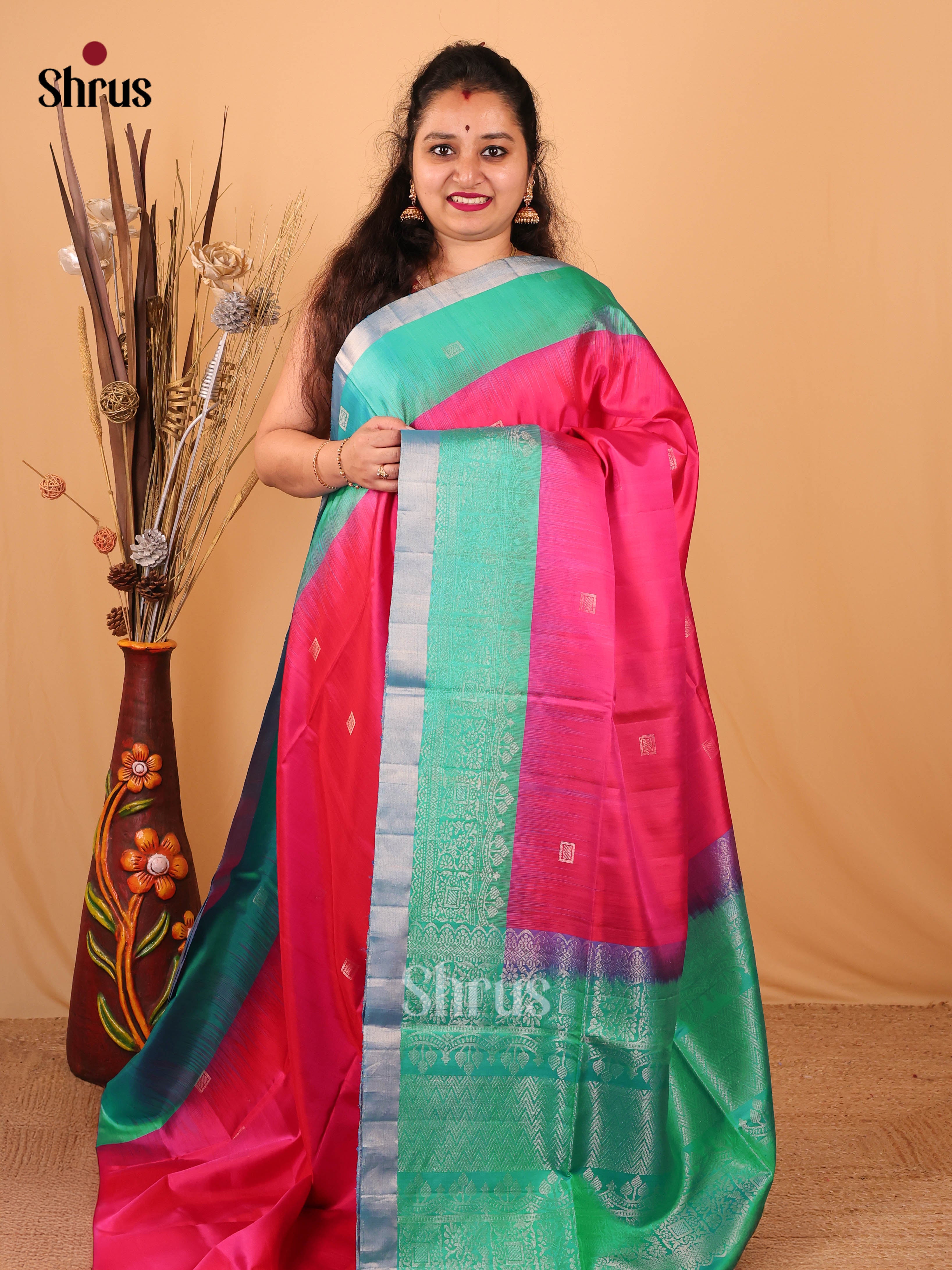 Enchanting Rose Pink Soft Silk Saree with Green Zari Buttas, Border & Brocade Pallu-1